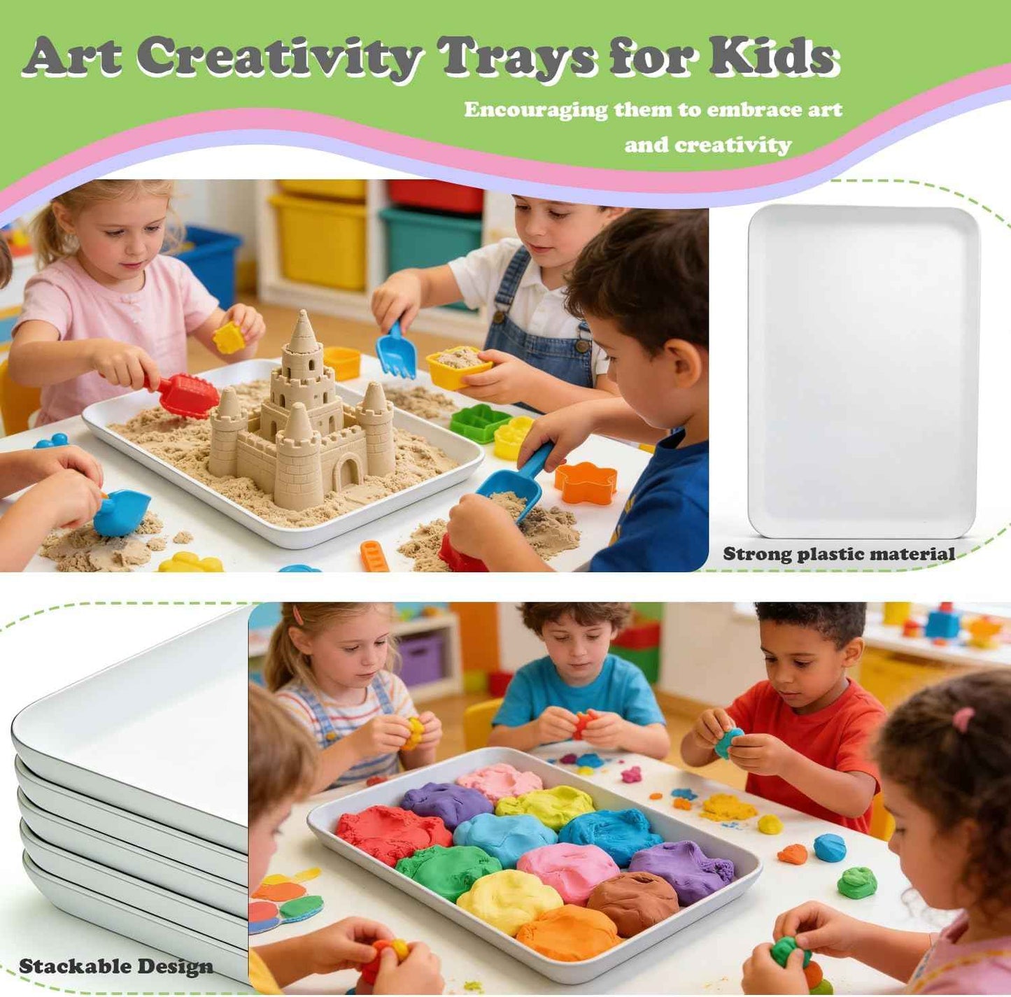 5 Pack Large Plastic Art Trays, White Stackable Activity Craft Tray Sand Serving Organizer for Classroom Kids DIY Projects, Beads, Painting, Jewelry Organizing Supply (16.34'' x 11.26'' x 1.57'')