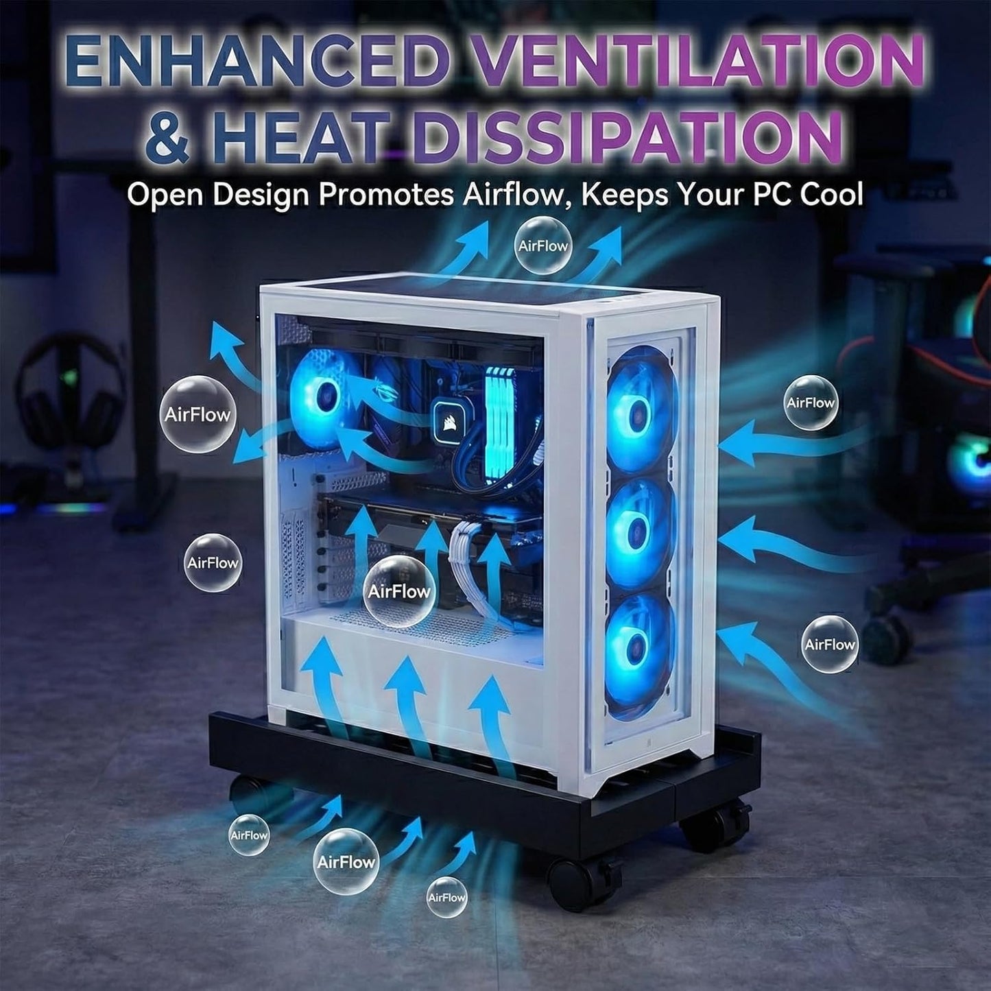 Adjustable Mobile CPU Stand with 4 Caster Wheels - Ventilated Tower Stand, Fits Most PCs - Under Desk CPU Holder, PC Floor Cart, Riser for Gamers and Students (Black)