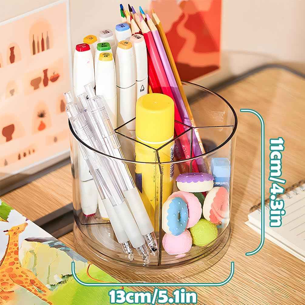 360 Degree Rotating Desk Organizer, Dual-Purpose Pencil Pen Holder, Rotating Desk Pen Organizer with 5 Compartments, Marker Caddy Pencil Cup for Office, Home, School (Clear)