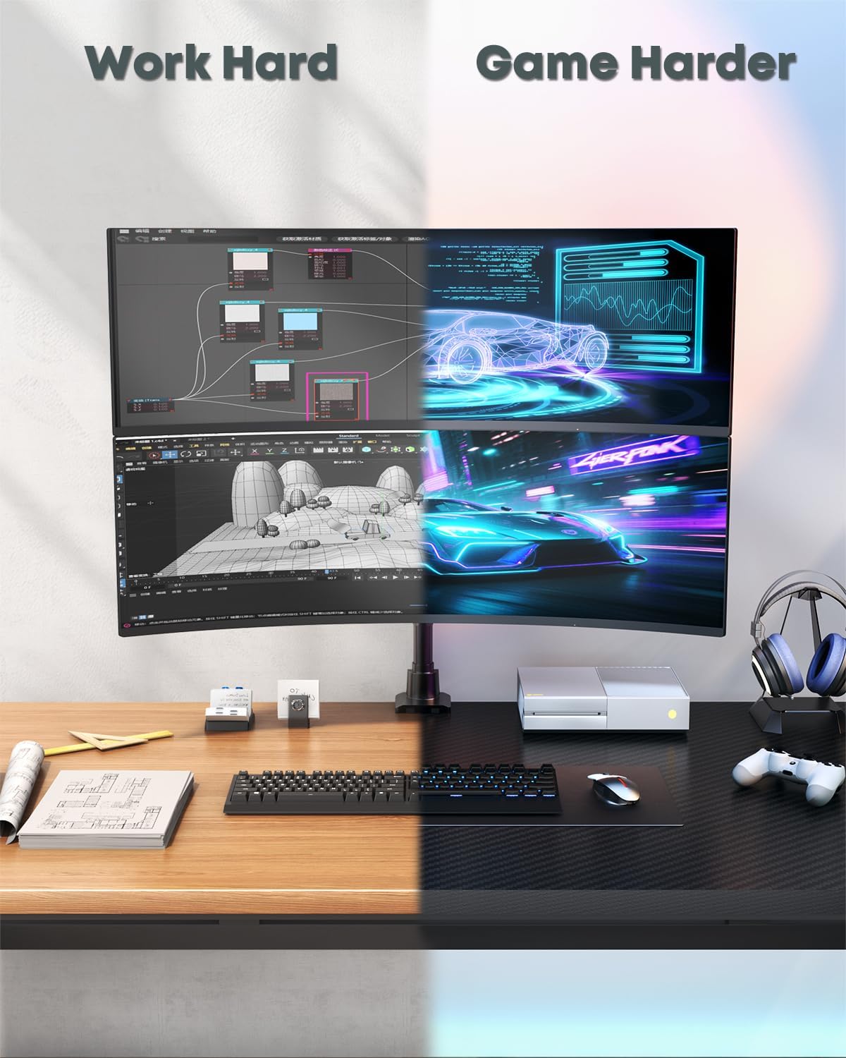 Dual Monitor-Arm Ultrawide Heavy Duty - 24-57 inch Vertical Dual Monitor Mount, Adjustable Stacked Double Monitor Desk Mount Stand, Max Load 59.4 lbs (per Arm), VESA 75/100 mm, Black
