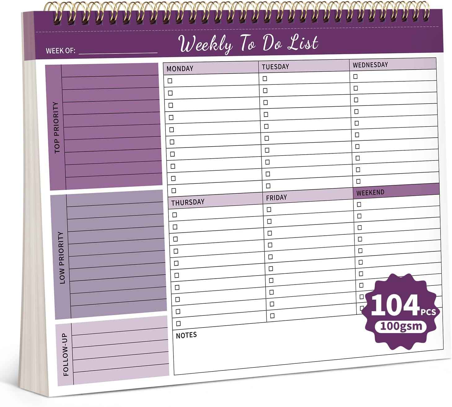 Weekly To Do List Notepad, 52 Undated Sheets （8.5"×11") Duplex-Printed Weekly Desk Planner For Work Home School Office Desk Accessories Supplies & Goal Setting Tasks - Purple