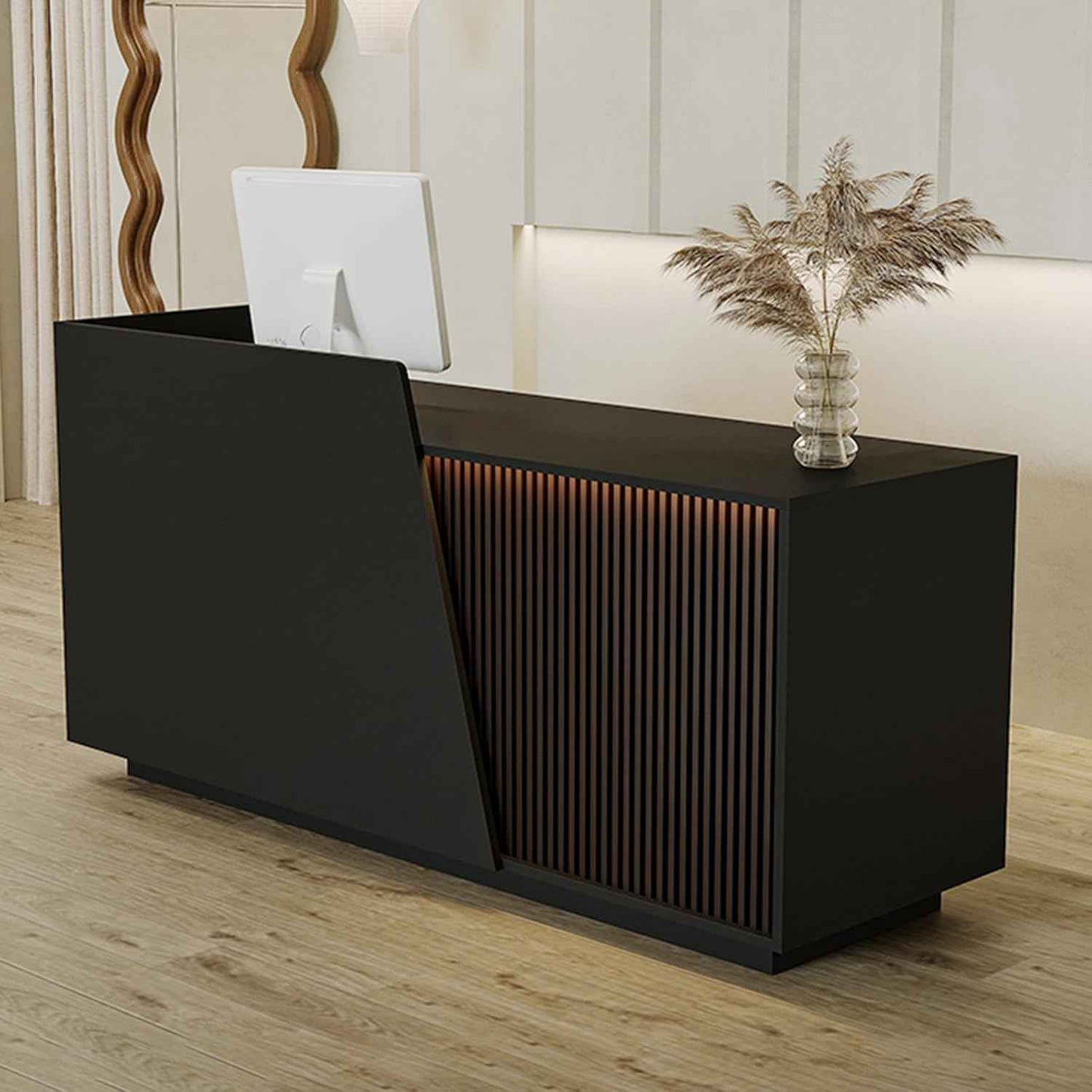 Reception Desk with Counter, Modern Reception Desk with Drawers & 2 Storage Cabinets & 3 Storage Compartments, Front Desks Reception Counter for Salon/Office/Store (Black-Right, 71inch/180cm)