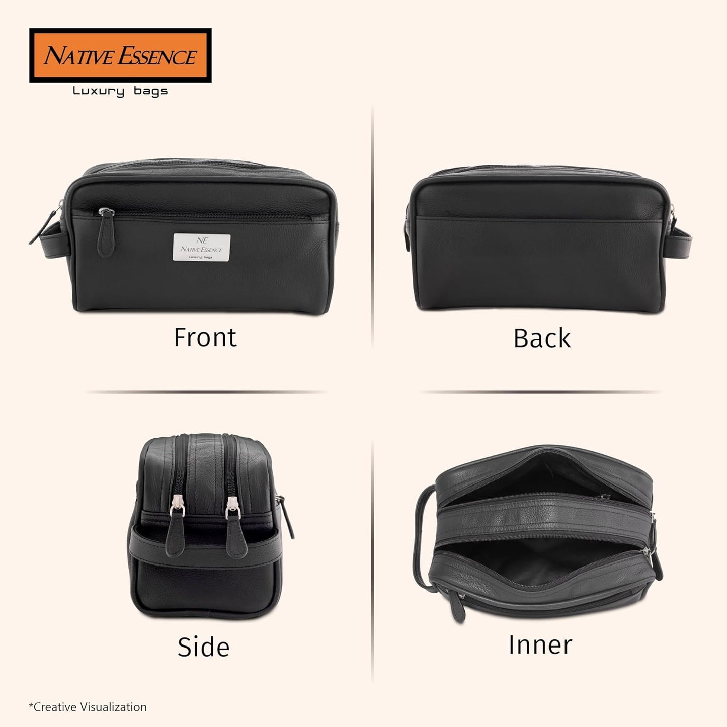 NATIVE ESSENCE Leather Toiletry Bag, Black Genuine Calf Leather Travel Bag, Handmade Cosmetic Pouch, Luxury Shaving Bag, Bathroom Organizer, Stylish Grooming Kit for Men and Women Gift Packed