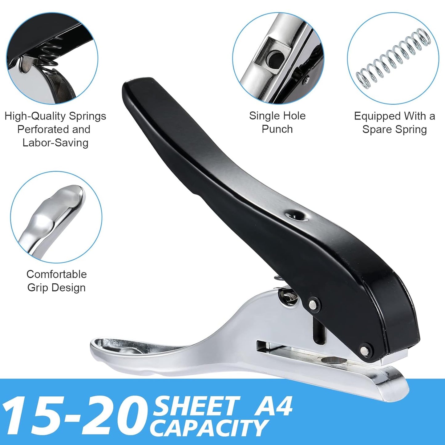 Heavy Duty Single Hole Punch - Portable Hand Held for Tags, Paper, Cards, Plastic, Cardboard (6MM Black)