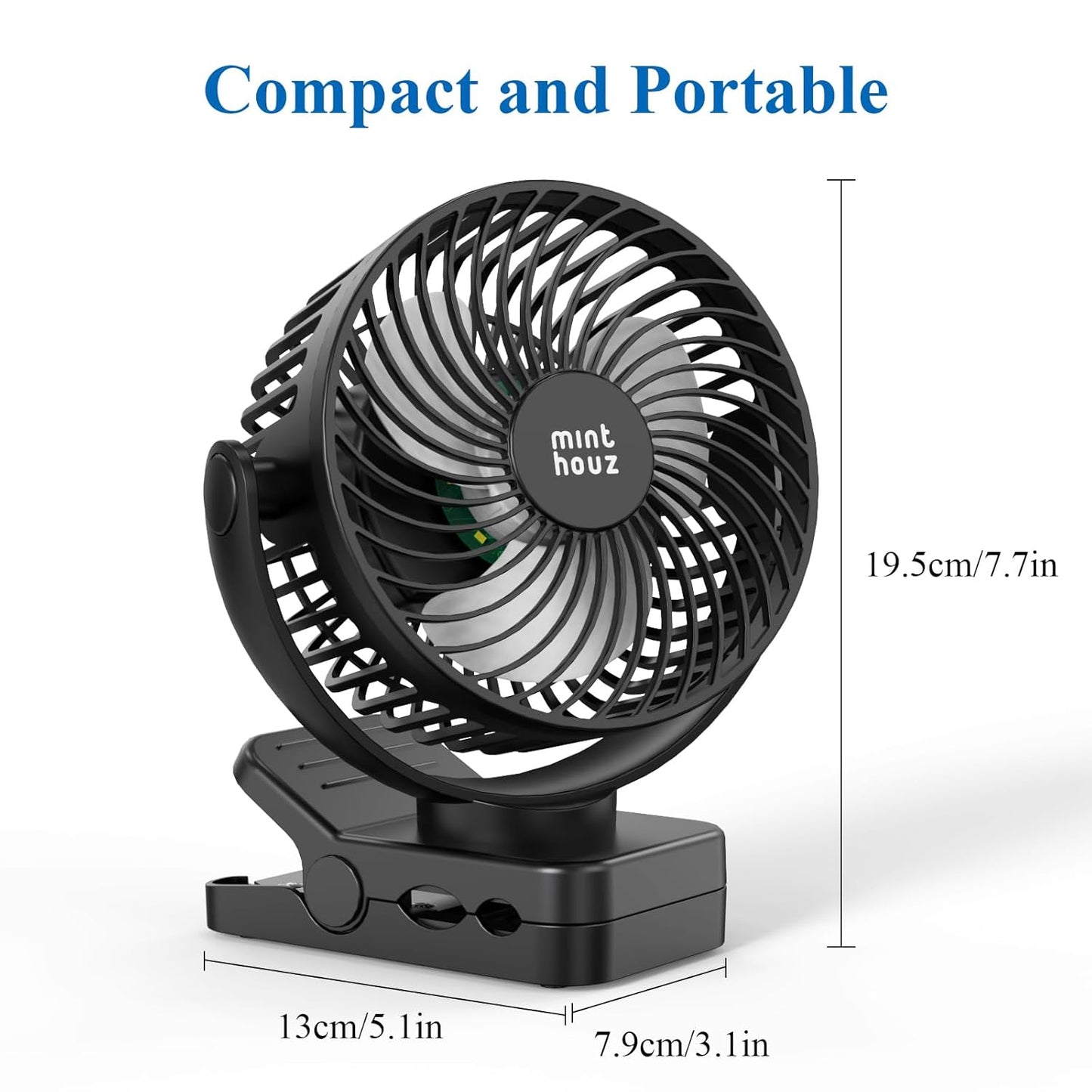 Minthouz Clip on Fan, 12000mAh Desk Fans, 360° Rotation Rechargeable Portable Fan with 45hrs Runtime - Quiet 3 Speeds, Wireless Remote, Timer, Input/Output Ports - Lightweight for Travel & Office