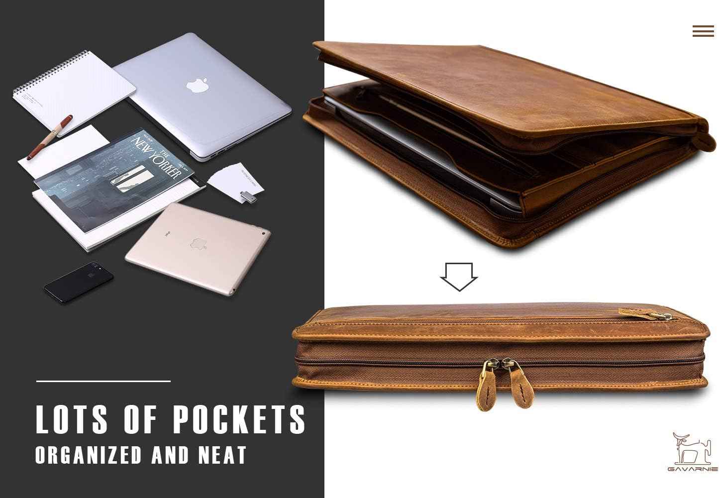 Genuine Leather Professioal Business Portfolio Padfolio Folder with Zipper for Men and Women,Work Portfolio for Letter Size Notepad, for Meeting and Travel, Brown