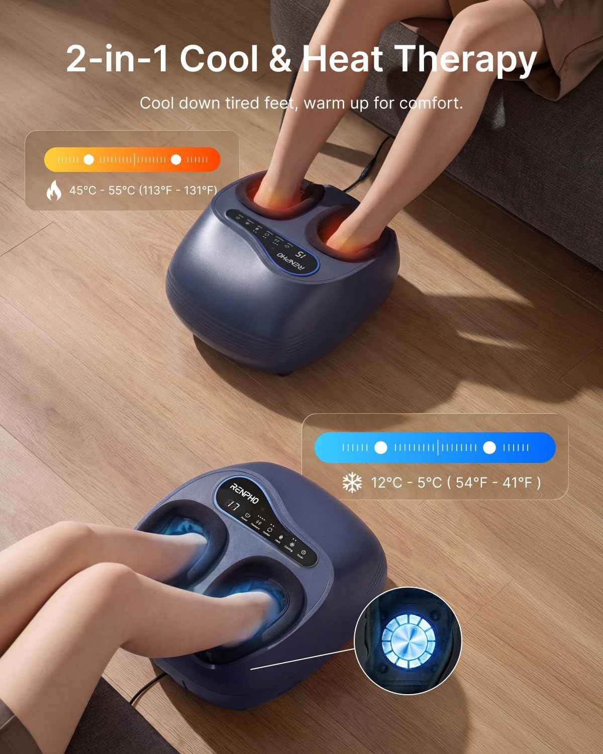 RENPHO Thermacool 2-in-1 Foot Massager with Heat & Cold, HSA Eligible FSA Only Products, Father Day Gifts for Husband, 3 Kneading & 5 Compression for Neuropathy & Plantar Fasciitis, Up to US Size 13