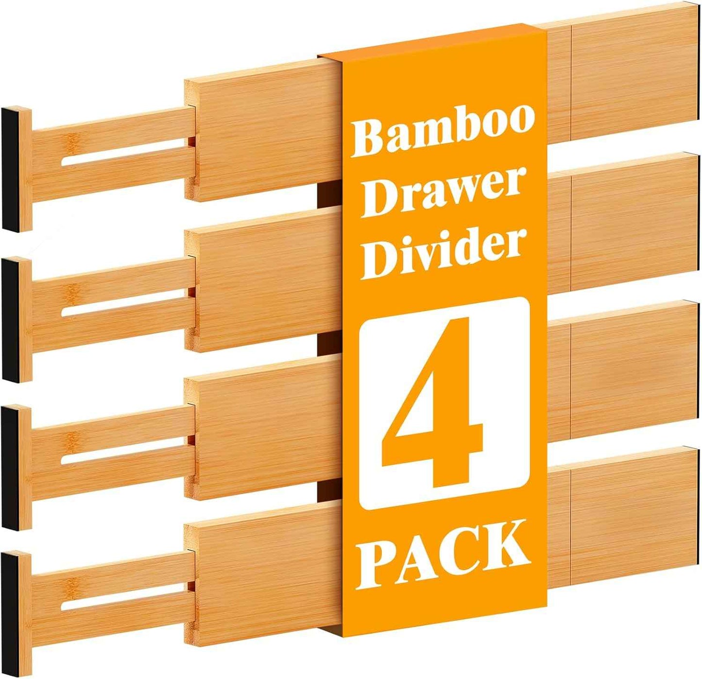 Bamboo Drawer Dividers,12-21" Adjustable Drawer Organizers for Clothes,Expandable Dresser Separators in Kitchen/Bedroom/Bathroom/Vanity/Office Organization and Storage,4-Pack