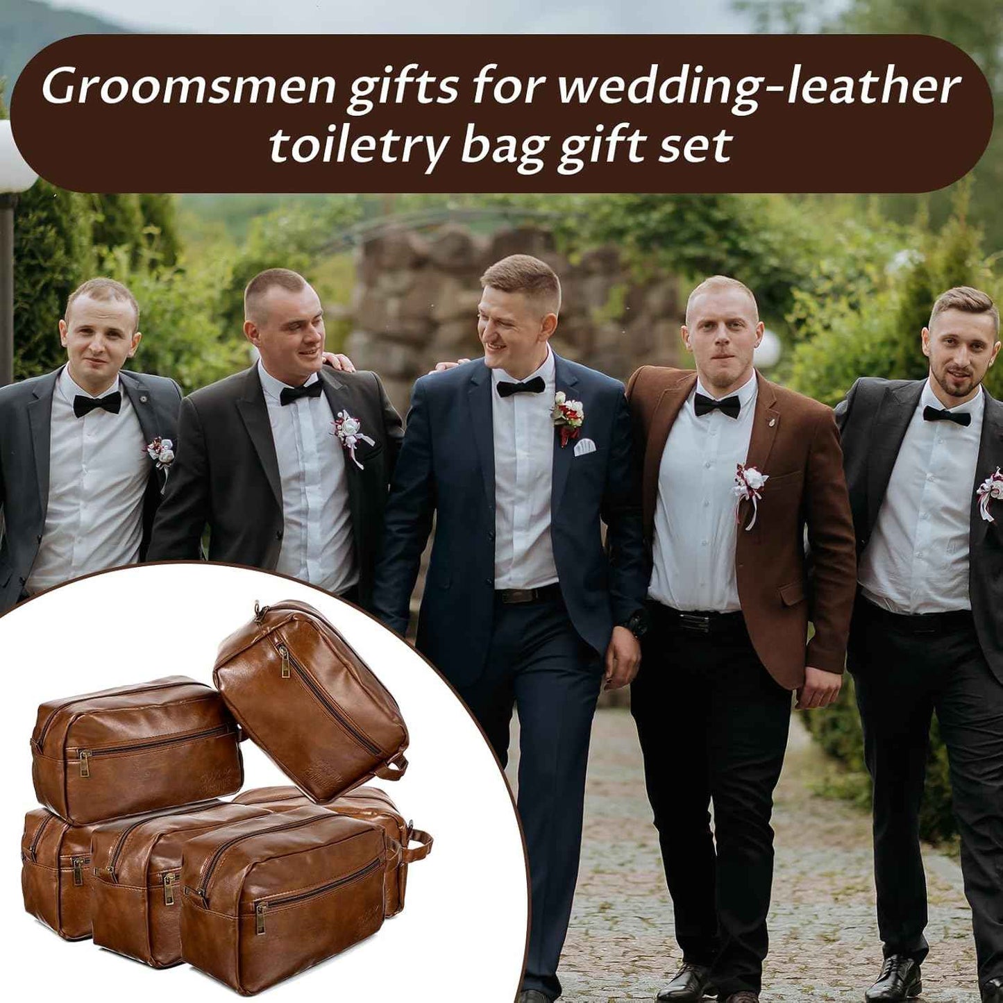 6 Pcs Leather Toiletry Bags for Men, Leather Groomsmen Gifts Men's Toiletry Bag Travel Shaving Kit Wedding Proposal Gift for Groomsmen Bachelor Party Favors (Brown)