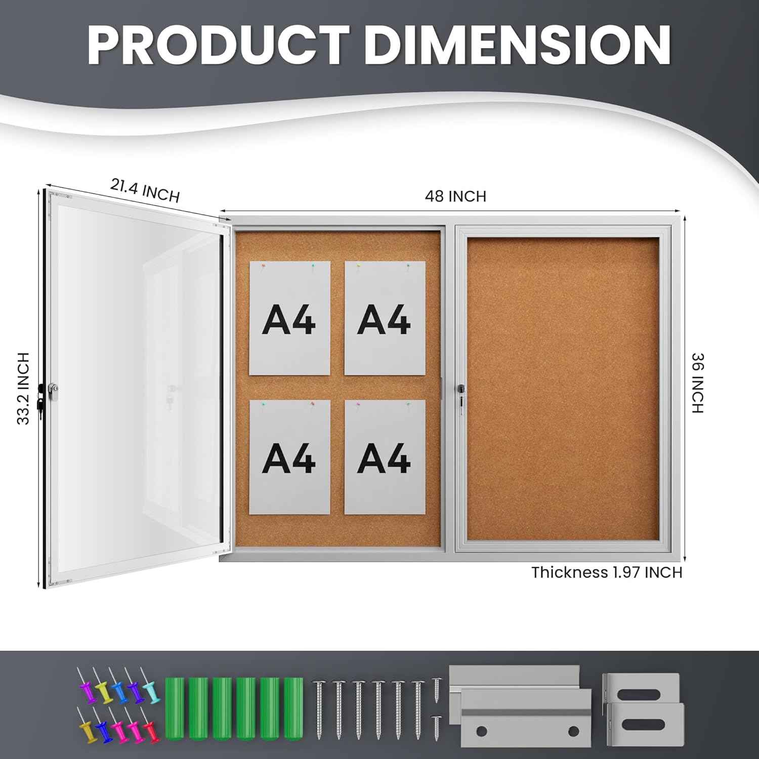 48"x36" Lockable Enclosed Bulletin Board, Outdoor Cork Weather-Resistant Aluminum Frame Notice Board, Wall Mounted Display Case Acrylic Doors for School,Office,Silver Frame w/Cork