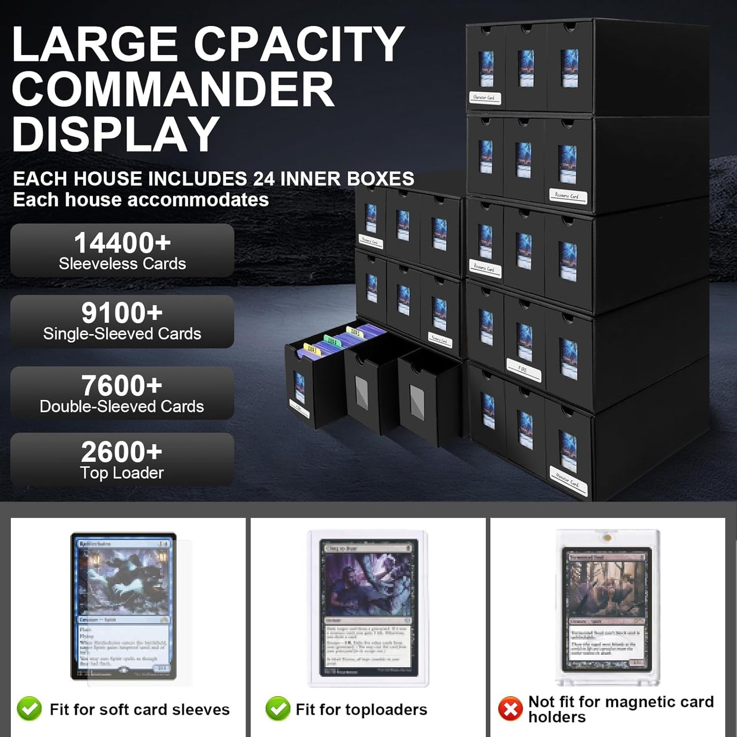 Card Storage Box,14400+ Trading Card Storage 2700+ Toploader Card Storage Box for Commander Display,with 72 Dividers, Labels & Tapes,Fit for TCG, MTG