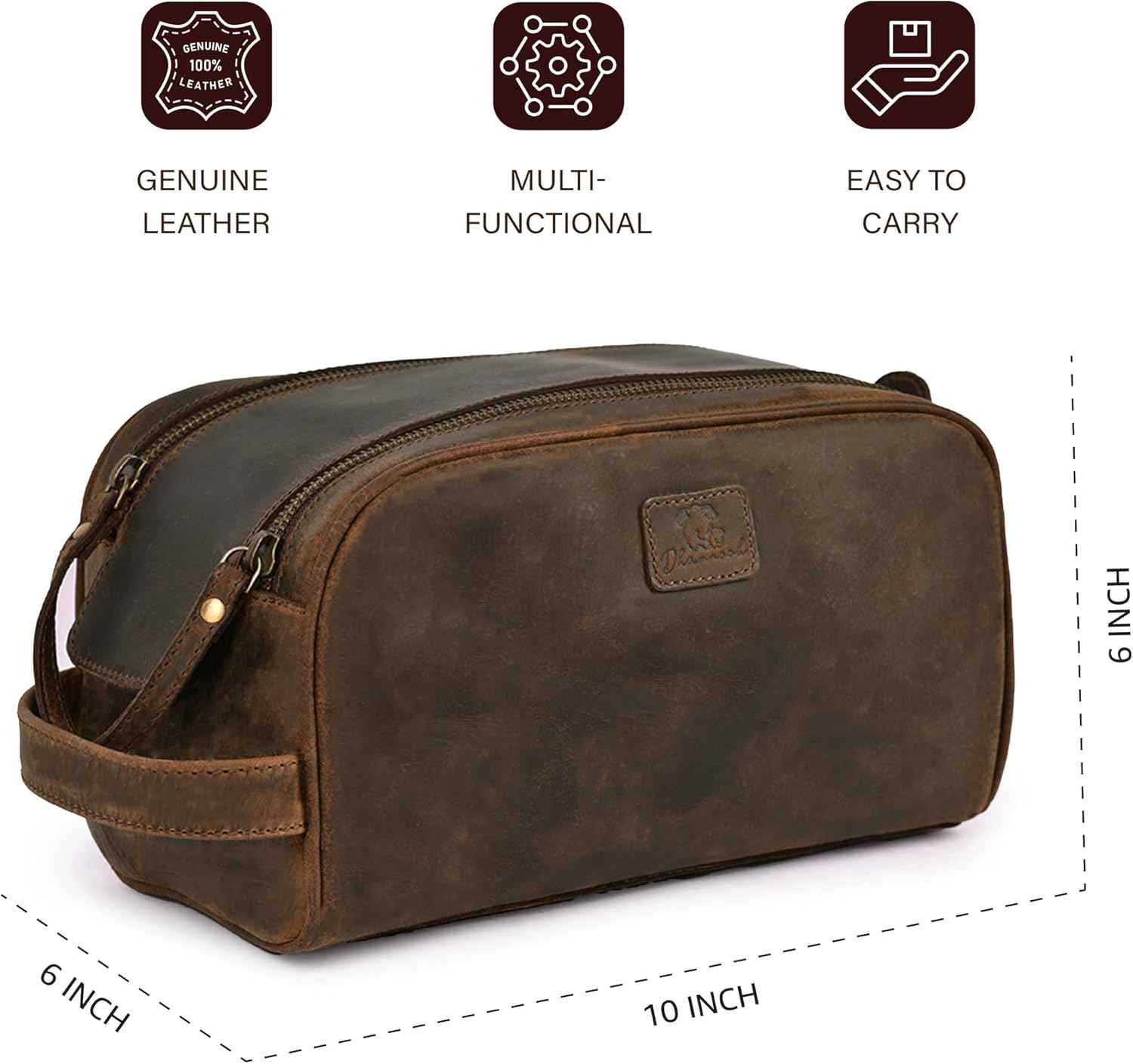 King-Size Premium Leather Toiletry Travel Pouch – Handcrafted Vintage Dopp Kit Bag with Waterproof Lining, Spacious Design for Travel Essentials - Brown