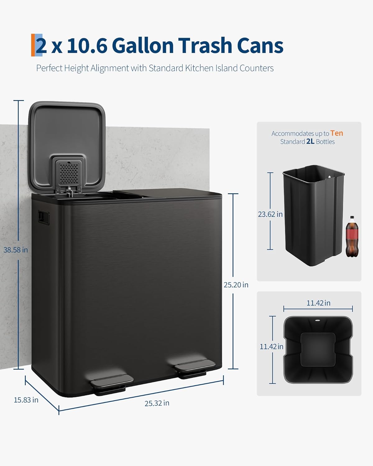 GarveeHome 2 x 10.6 Gallon Stainless Steel Double Trash Can with Lid for Kitchen, Large Dual Trash and Recycle Bin Combo, Step-on Kitchen Metal Garbage Cans, PP Inner Buckets, Liner Rim, Matte Black