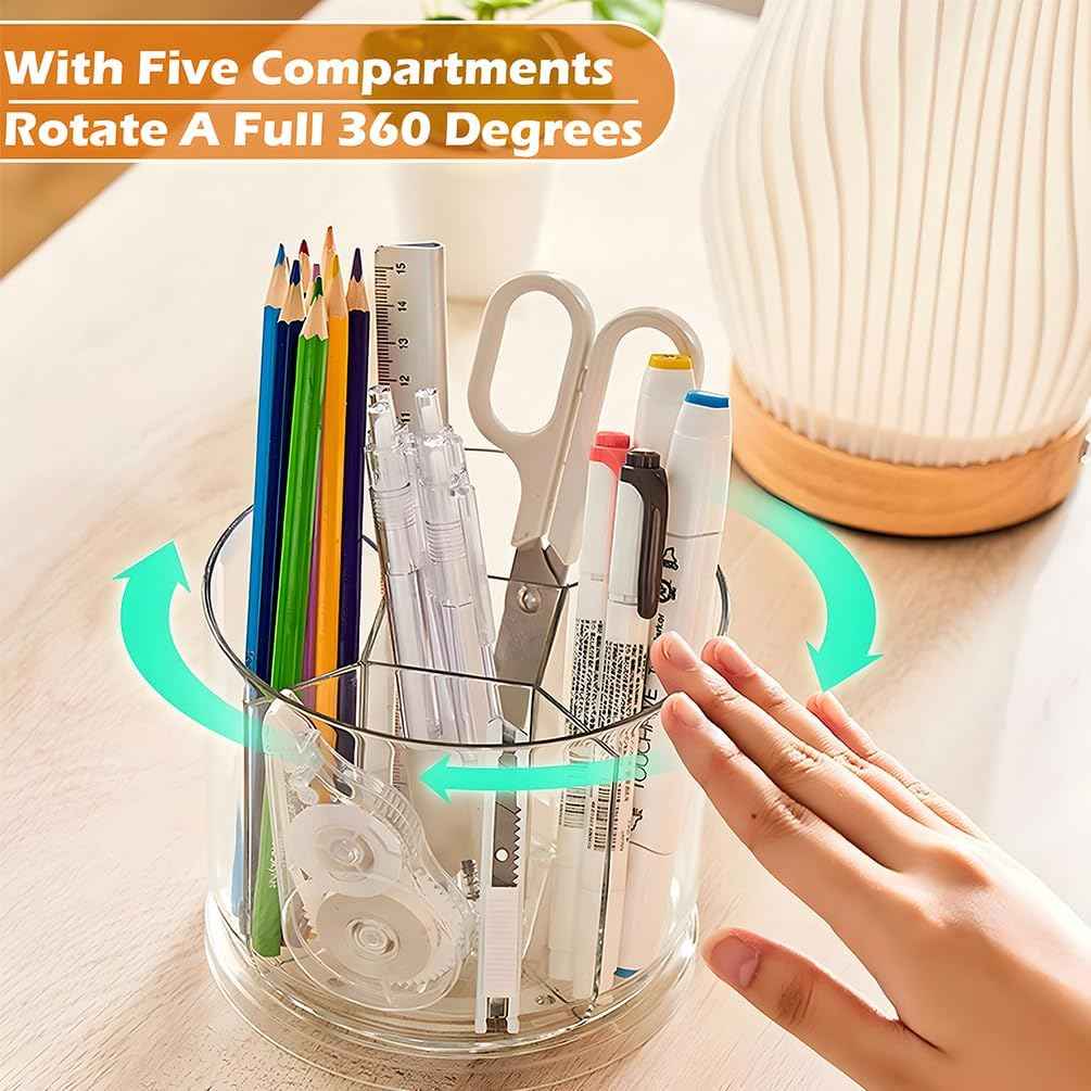 360 Degree Rotating Desk Organizer, Dual-Purpose Pencil Pen Holder, Rotating Desk Pen Organizer with 5 Compartments, Marker Caddy Pencil Cup for Office, Home, School (Clear)