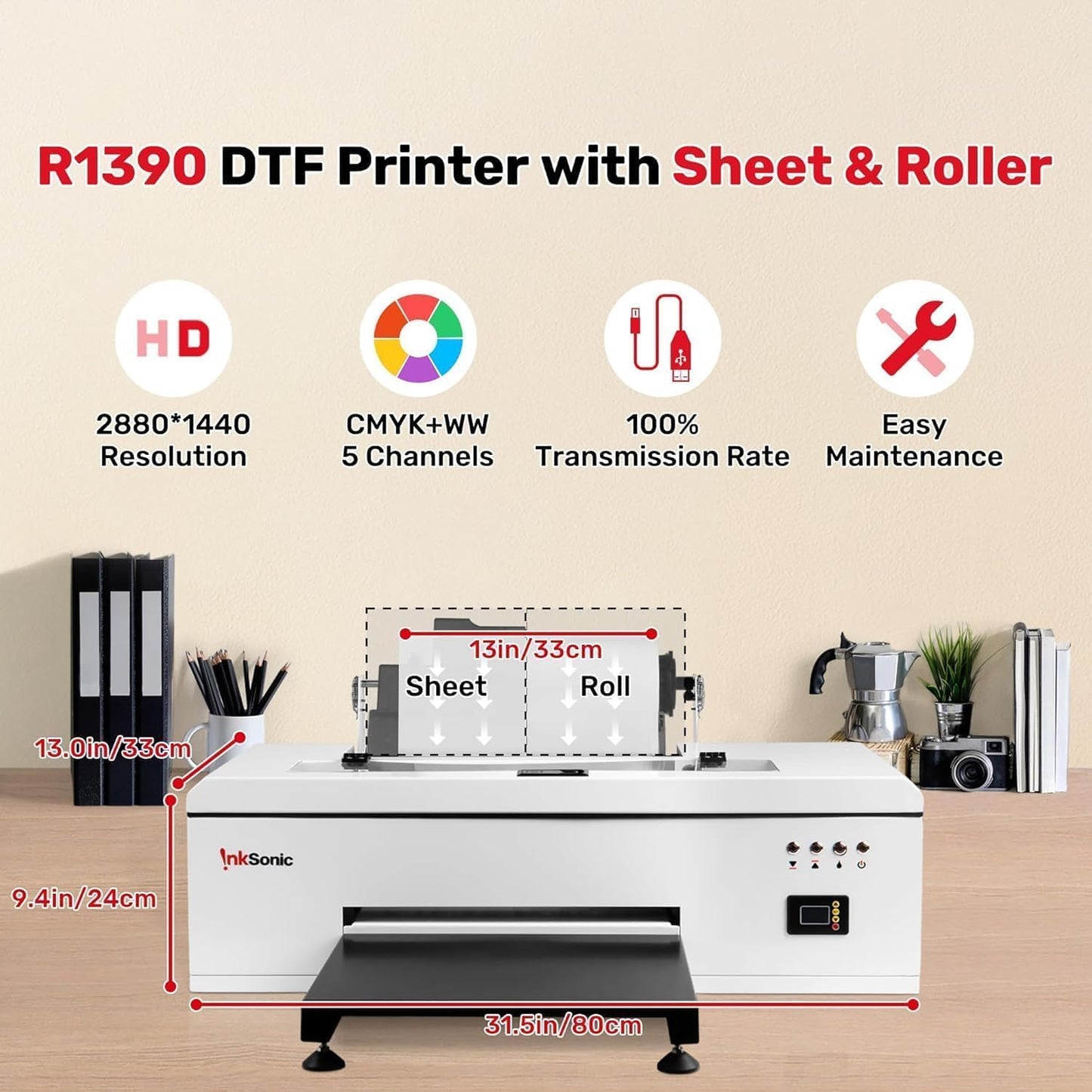 InkSonic R1390 DTF Printer Machine,White Ink Circulation, A3 T-Shirt Printing Machine with Laptop,T-Shirt Maker for Clothes Design 13" Format DTF Printer Bundles, Direct to Film Heat Transfer,1390