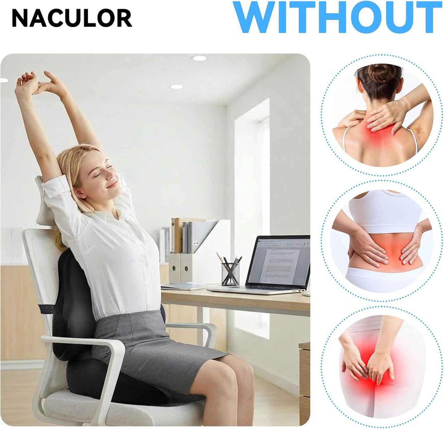 Seat Cushion Lumbar Support Pillow Set, X Large Memory Foam Coccyx Pad for Tailbone & Sciatica Pain Relief, Office Chair Cushions Back Support for Car, Desk, Wheelchair with Adjustable Fixed Strap