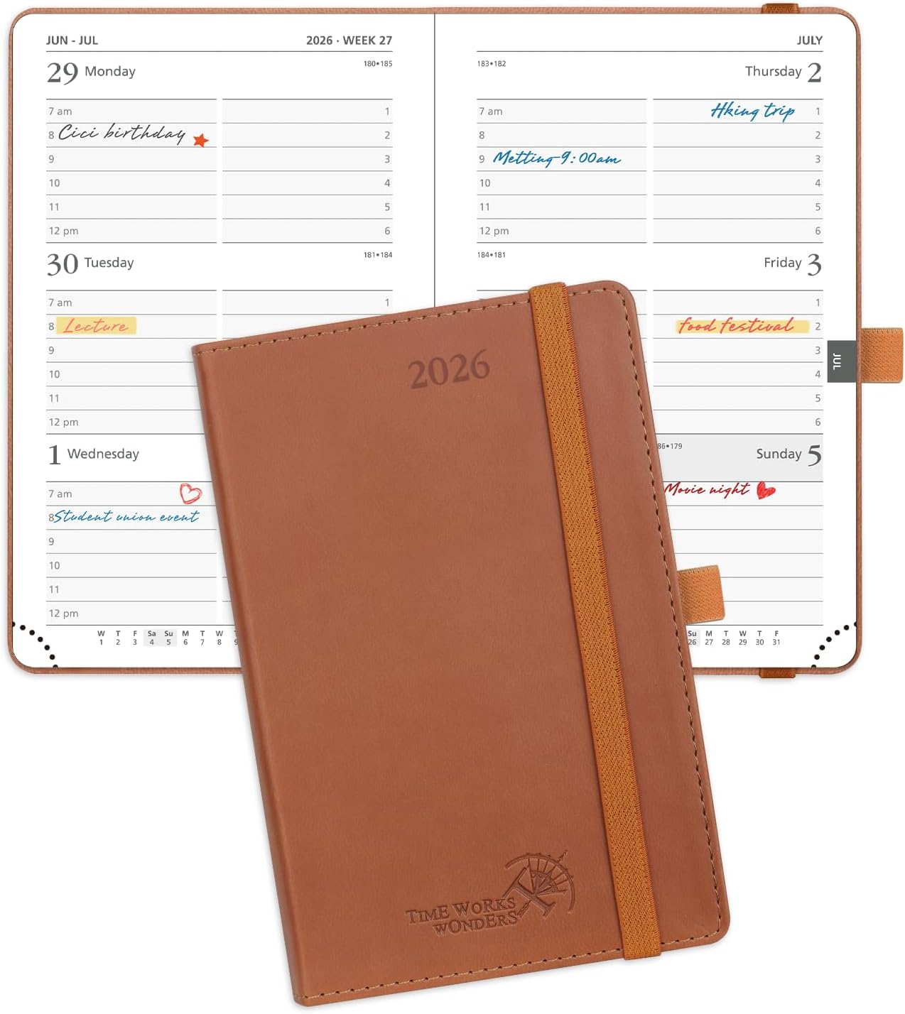 POPRUN Pocket Calendar 2026 (Small Size- 4'' x 6.25") Weekly and Monthly for Purse - Planner 2026 (Jan. 2026 - Dec. 2026) with Vegan Leather Soft Cover, Pen Holder and More - Brown