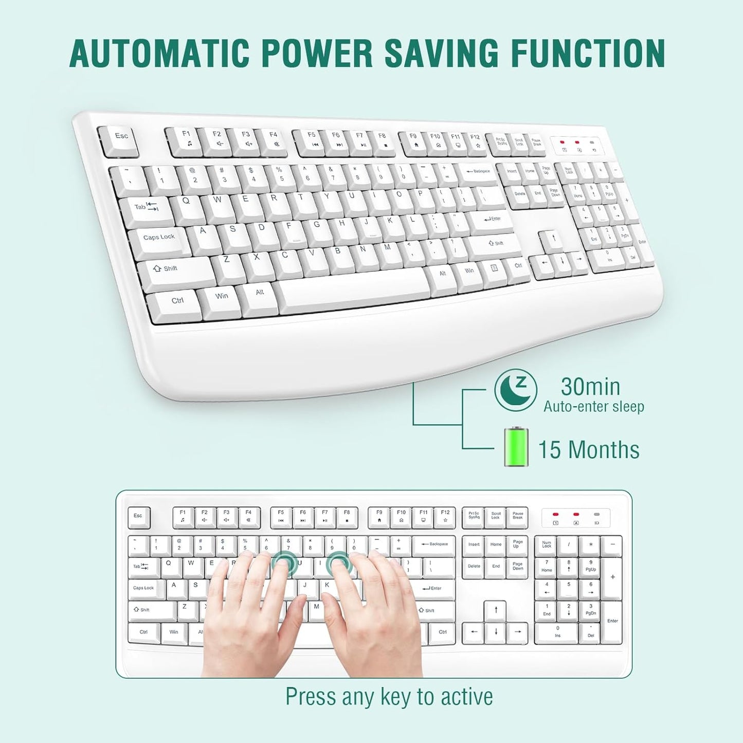 EDJO Wireless Keyboard, 2.4G Ergonomic Full Size Wireless Computer Keyboard with Wrist Rest for Windows, Mac OS Desktop/Laptop/PC White