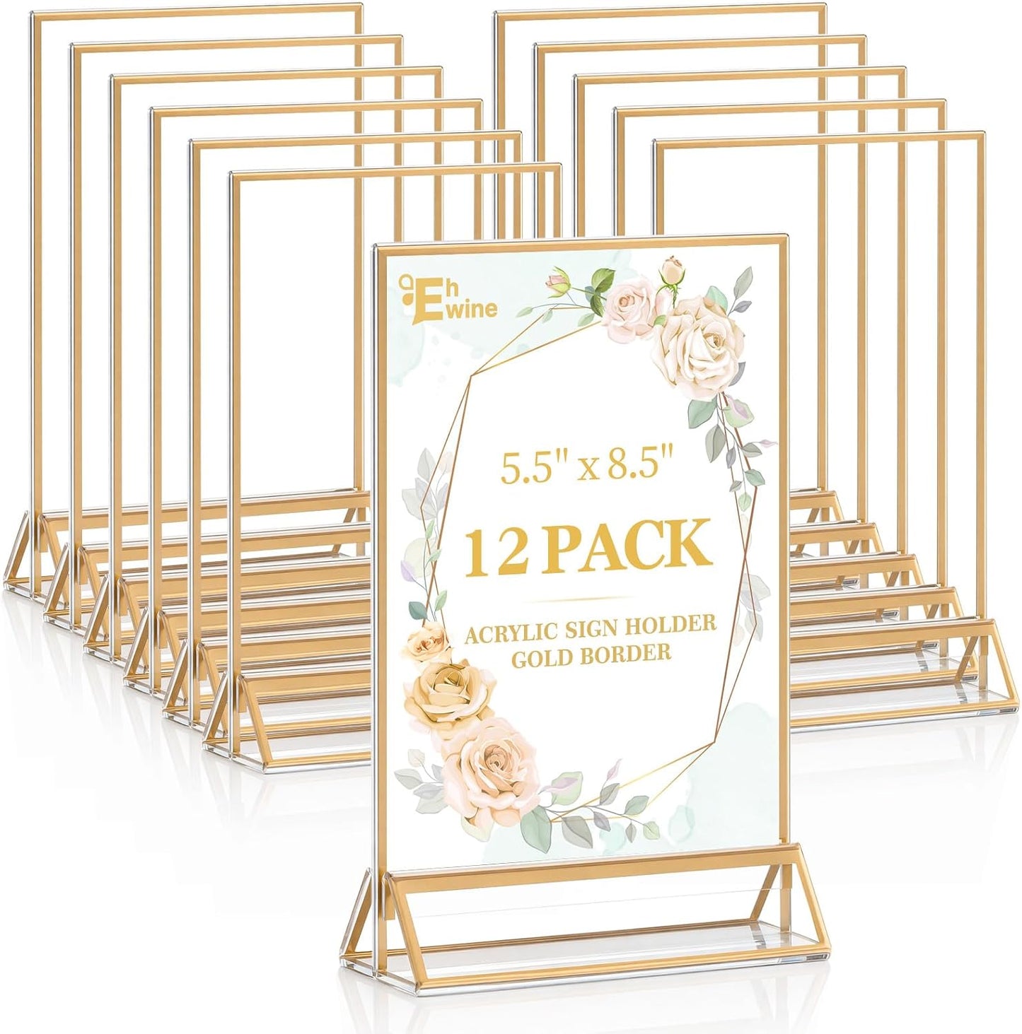 EHWINE 12 Pack Acrylic Sign Holder 5.5 x 8.5, Double Sided Gold Picture Frame Stand up Table Top Sign Holders, Clear Display Stand Menu Flyer Holder for Wedding Party