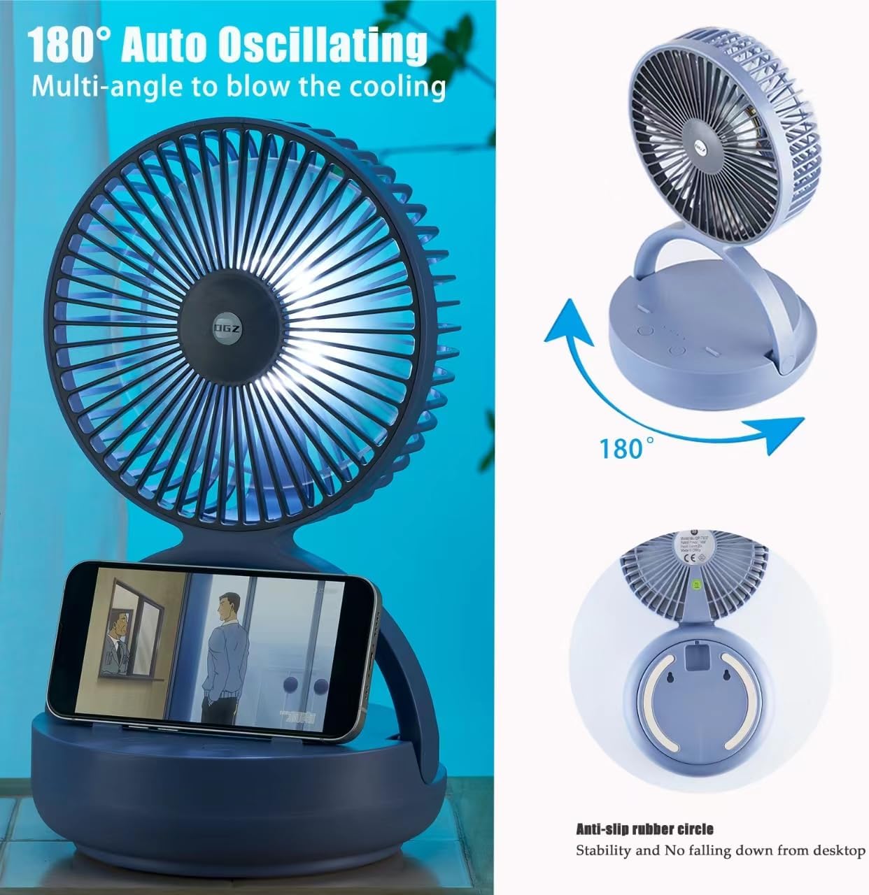 OGZ Portable Fan for Travel I 7 Inch Small Desk Fan Rechargeable Air Circulator I 180° Oscillating Battery Powered Powerful Personal Fan For Beside Office Desktop RV Dorm Cooling