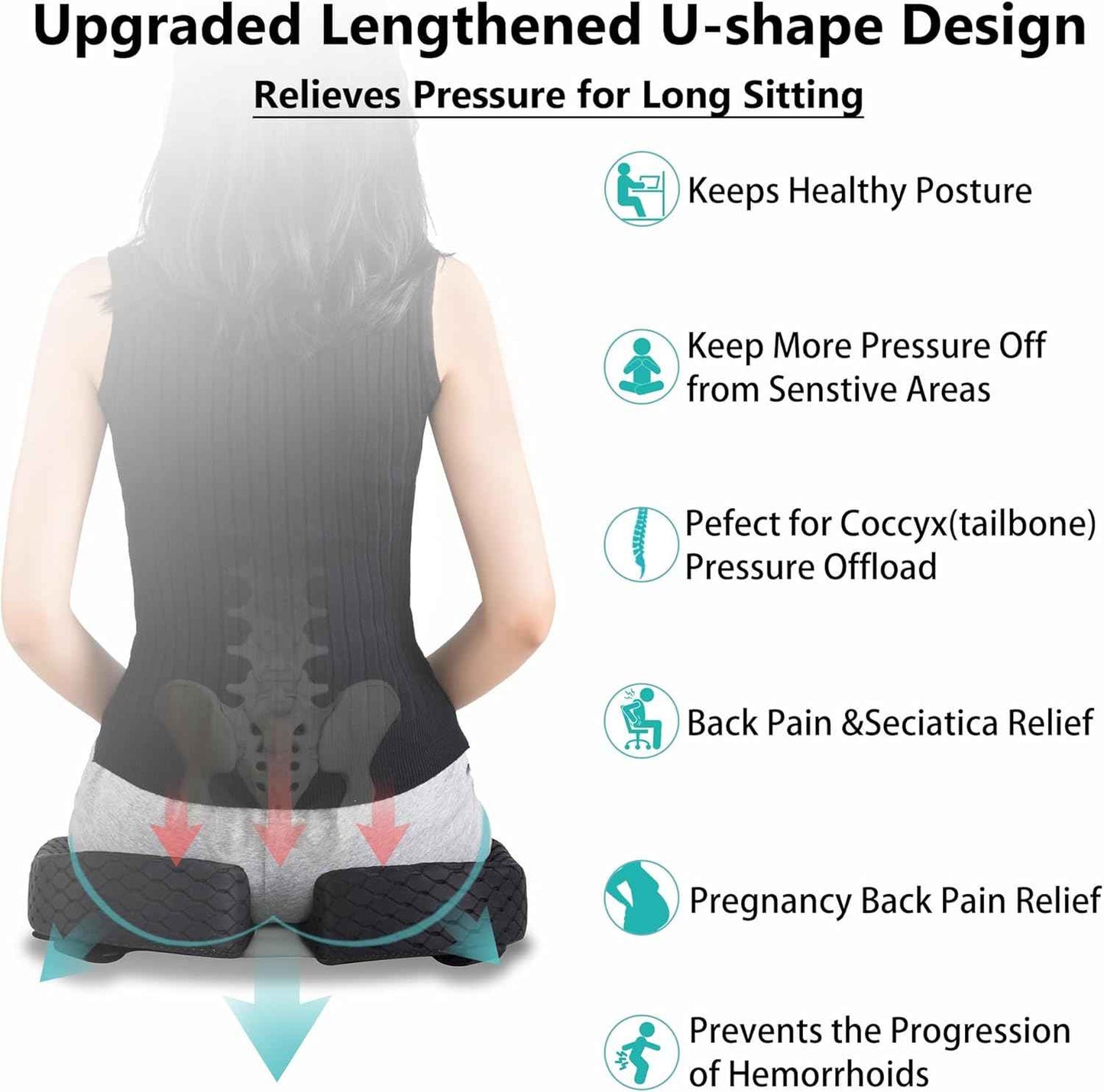 Sciatica Pain Relief Pillow Cushion for Office Chairs,10-Inch Extended U-Cutout,Tailbone,Coccyx Memory Foam Cushion for Wheelchair Car Seat,Tailbone But Pillow for Pressure Relief,Grey