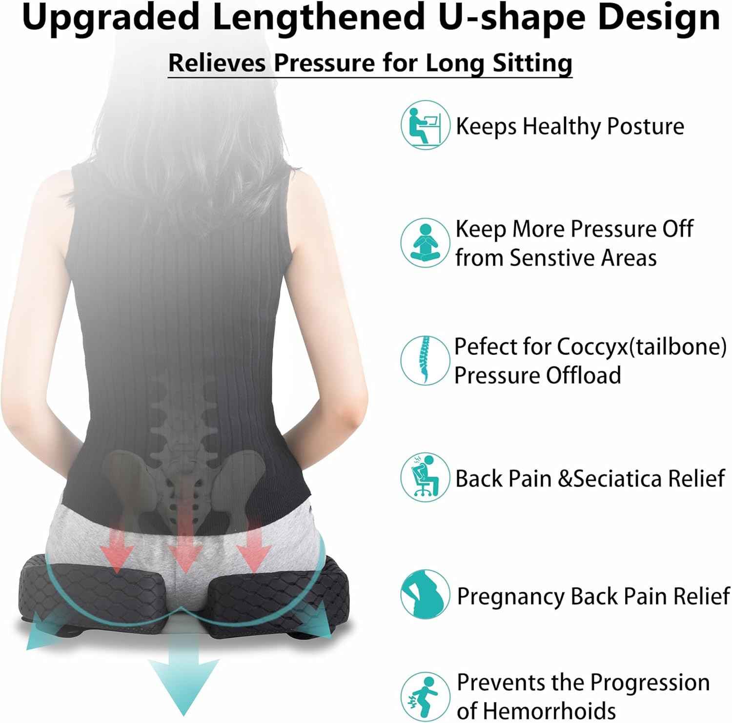 Sciatica Pain Relief Pillow Cushion for Office Chairs,10-Inch Extended U-Cutout,Tailbone,Coccyx Memory Foam Cushion for Wheelchair Car Seat,Tailbone But Pillow for Pressure Relief,Grey
