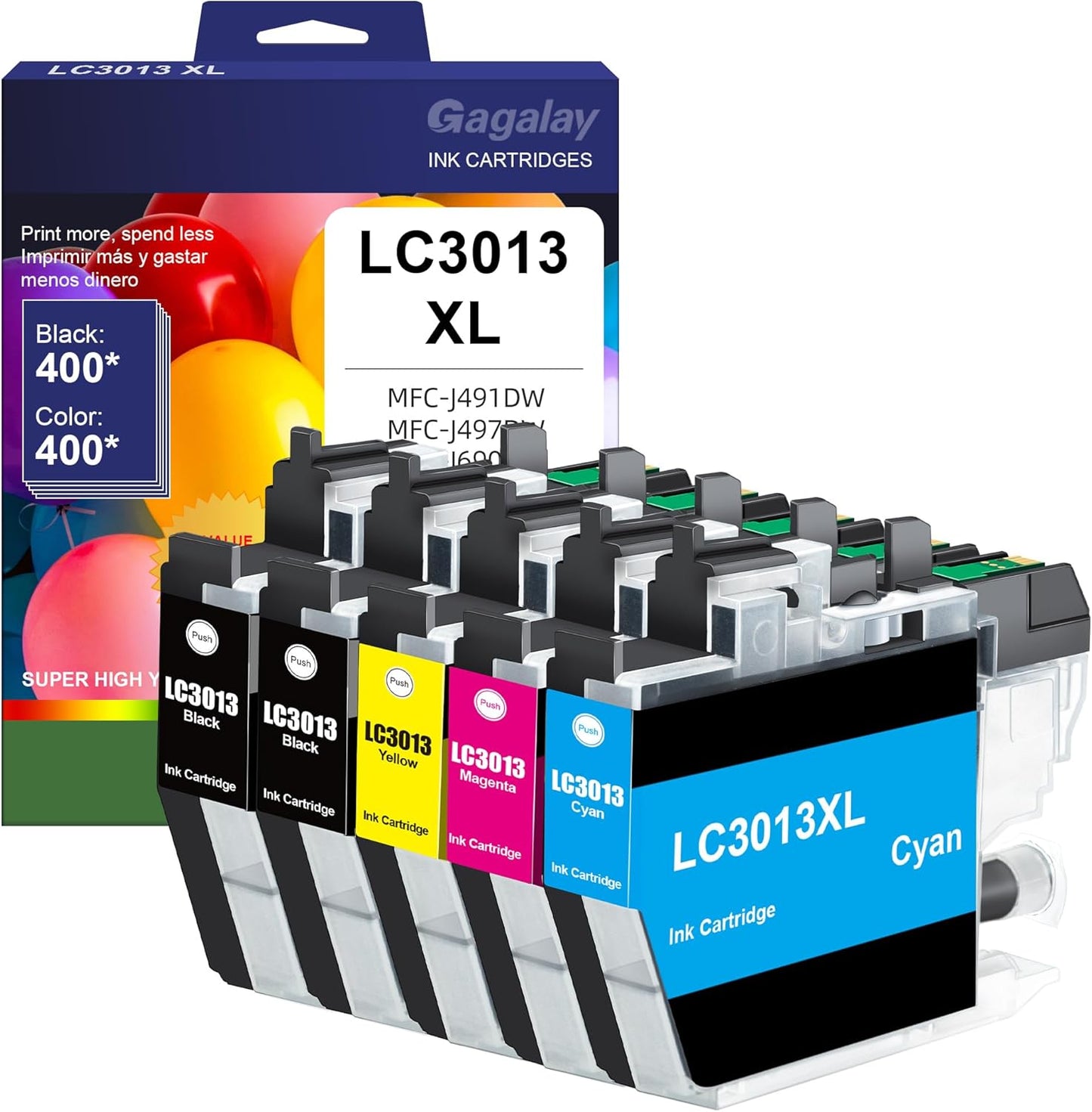 LC3013 Ink Cartridges BK/C/M/Y High Yield Replacement for Brother LC3013 LC3011 LC3013XL for Brother MFC-J497DW MFC-J491DW MFC-J895DW MFC-J690DW Printer (LC30135PKS, Black Cyan Magenta Yellow, 5-Pack)