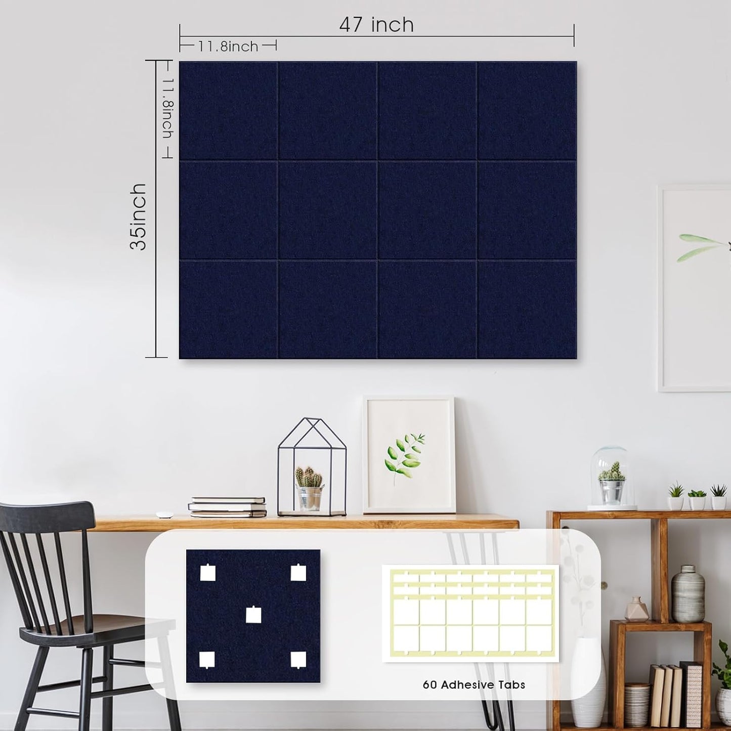Large Cork Board for Office Wall Decor,48"x36"-12 Pack Felt Wall Tiles with 35 Push Pins, Thicker 0.47in, Felt Bulletin Board Pin Board Cork Boards for Walls - Dark Blue