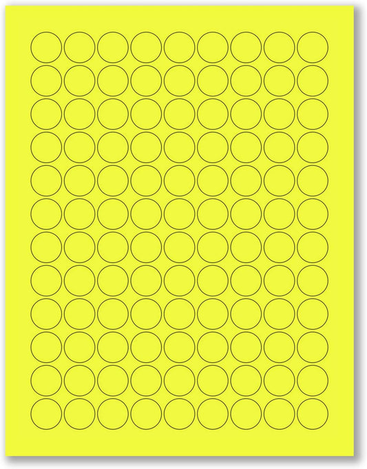 8-1/2 x 11" Neon Color High Light Fluorescent Labels for Laser & Inkjet Printer (Yellow Fluorescent, 3/4" Round - 108 Per Page | 2700 Labels)