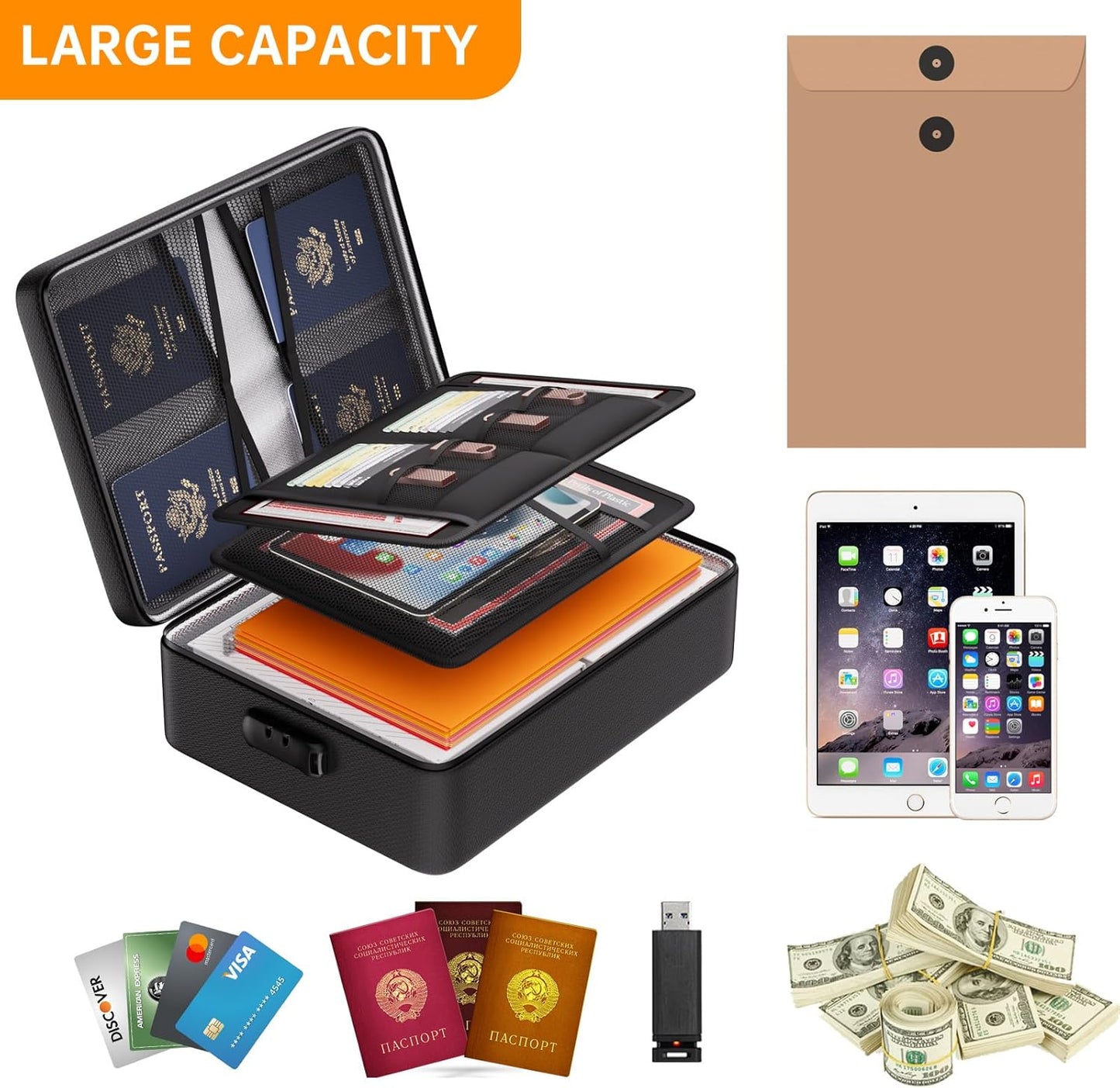 DocSafe 5200°F Document Organizer with Lock,Upgraded Heat Insulated Fireproof＆Waterproof Box 8 Layers File Organizer,Portable Home Travel Safe Storage for Important Documents, Files and More