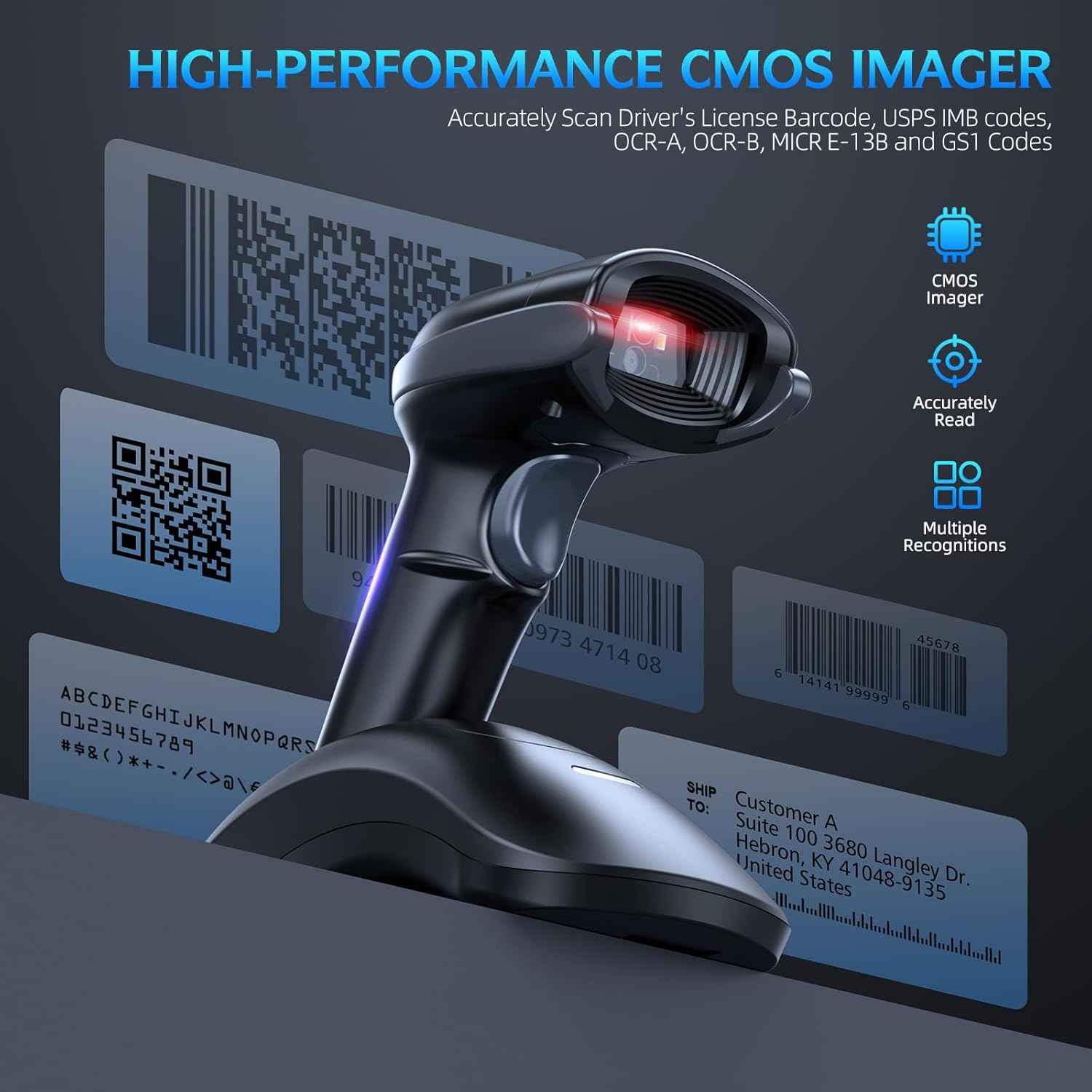 TEEMI Bluetooth QR Barcode Scanner with USB Cradle, Battery Replaceable Feature, Wireless Barcodes Reader Bar Code Scan Gun Handsfree Automatic Screen Scanning, Advanced Data Parsing