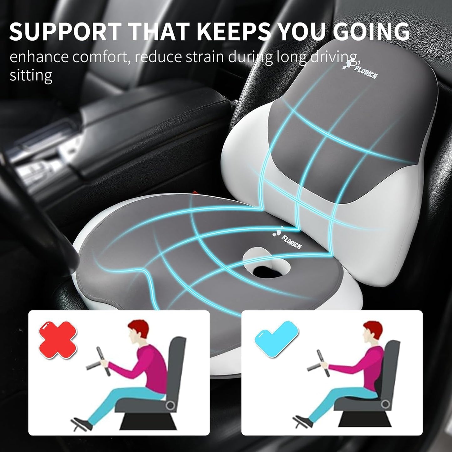 FLORICH Seat Cushion and Lumbar Support Pillow for Office Chair Car Neck Headrest Pillow Memory Foam Seat Pads Pressure Relief Back Cushion and Carseat Pads(Grey)