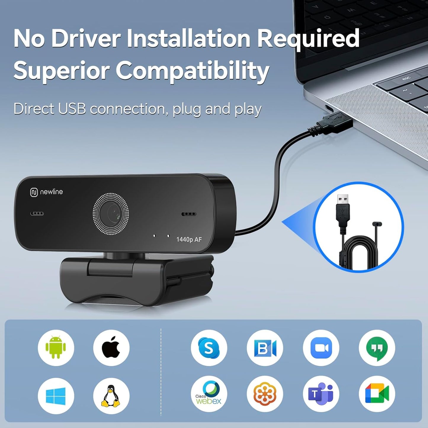 2.5K Webcam for PC, Auto Focus, Privacy Cover, Tripod Stand, Professional Webcam with Microphone for Conferencing and Streaming