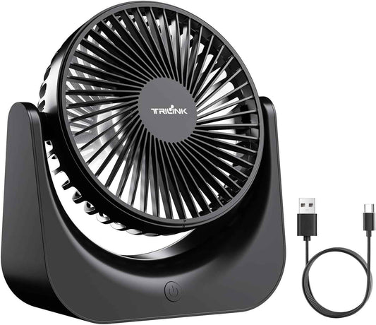 TRILINK Small USB Desk Fan – 5-Speed Mini Table Fan with Adjustable Tilt, Ultra Quiet, USB Powered, Portable Cooling Fan for Home, Desktop, Bedroom, Bed, Office, Travel, and Camping (Black)