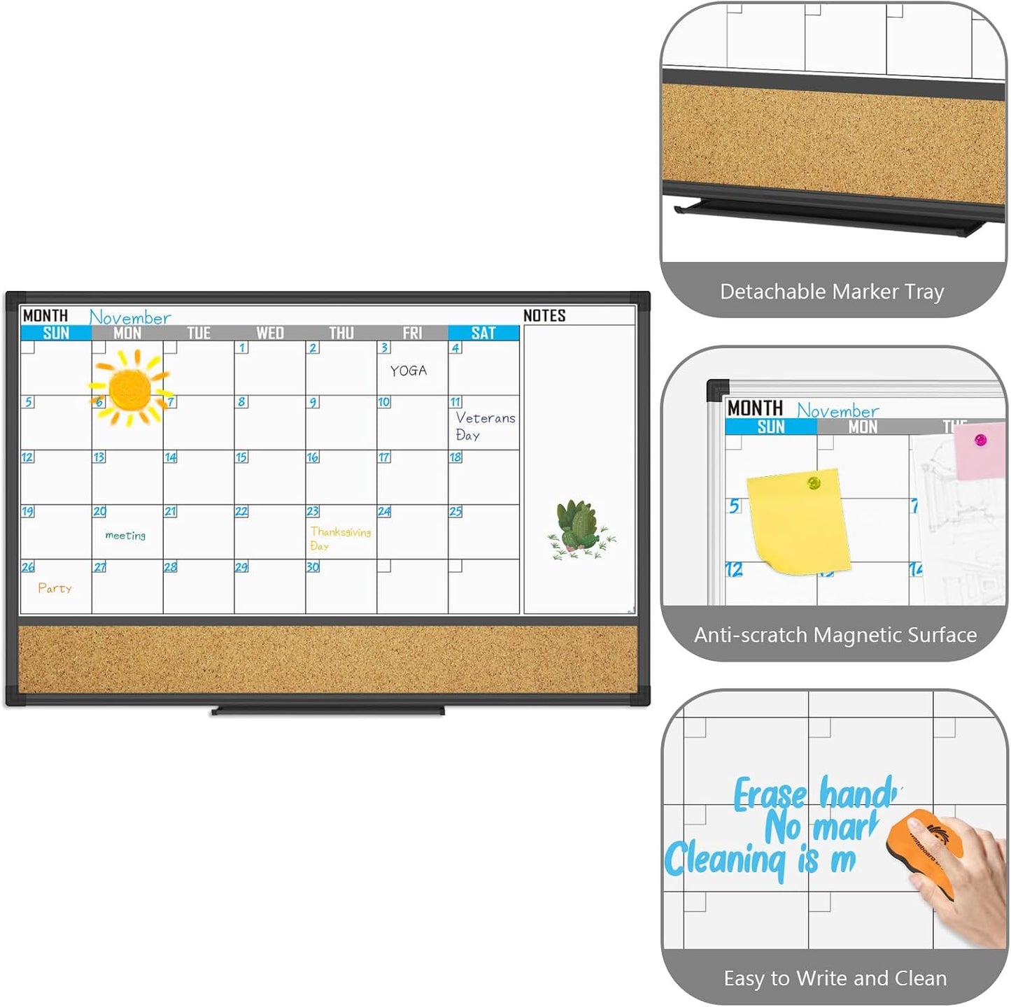 XBoard Dry Erase Calendar Whiteboard 48 X 36 - Combo White Board Calendar Monthly, Magnetic White Board + Corkboard with Black Aluminum Frame, Colorful Push Pins & Marker Tray Included - Lumora Desk