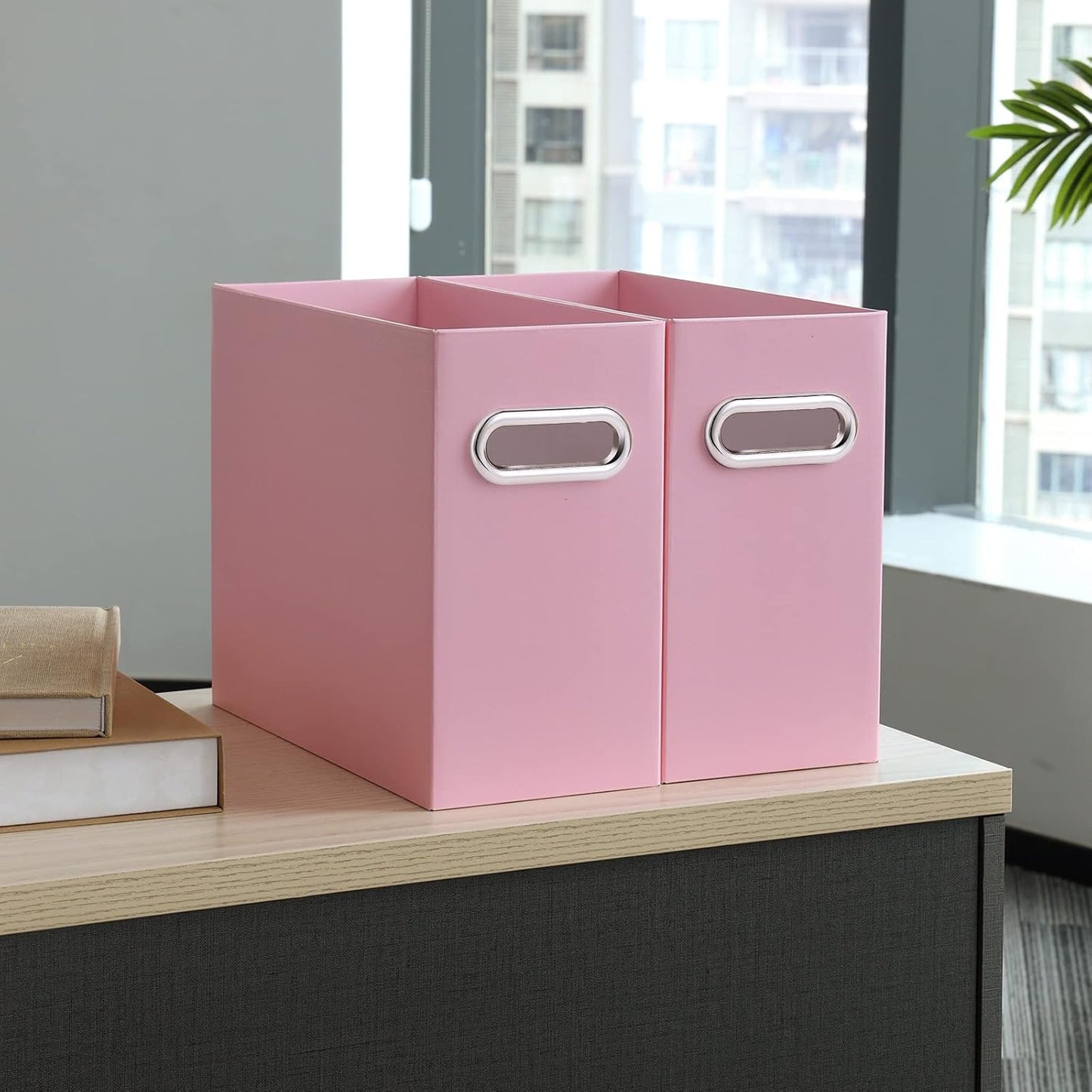 Oterri File Organizer - Small Cardboard Storage Box, Collapsible and Portable With Handle for Letter Size Files, Hanging Folder Box (Pink, Letter Size - 4 Packs)