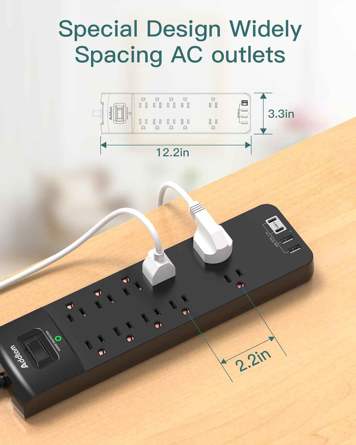 Addtam Power Strips with Surge Protection, 6FT Extension Cord with Multiple Outlets, Surge Protector Power Strip with 10 Outlets and 4 USB Ports(2 USB C), Flat Plug, 2700J, Black