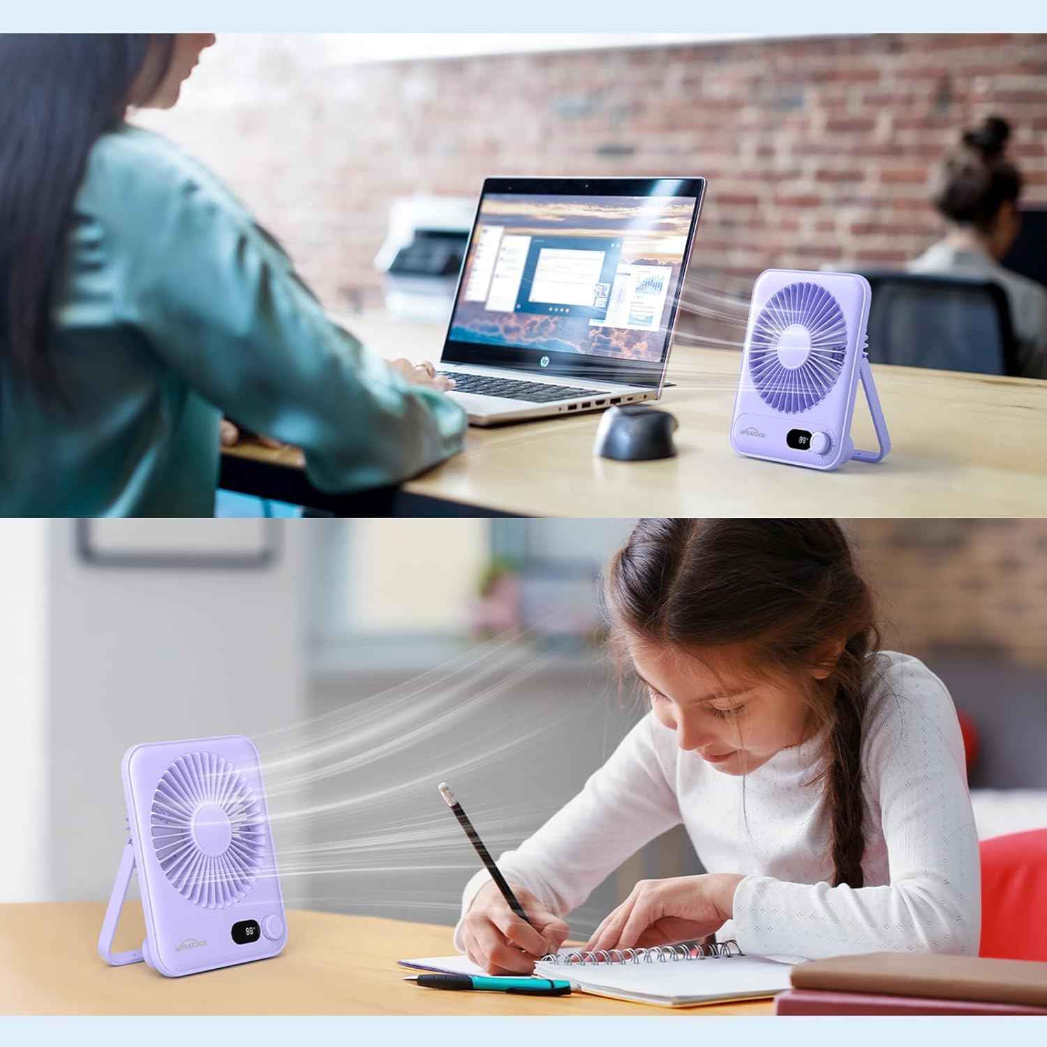 WHATOOK Desk Fan 2 Pack: 100 Speeds Stepless Control 2000mAh Battery Operated Portable Fan, Rechargeable Table Fan for Cruise Ship Essentials, Gift for Couples, Dorm, Office, Bedroom(Black and Purple)