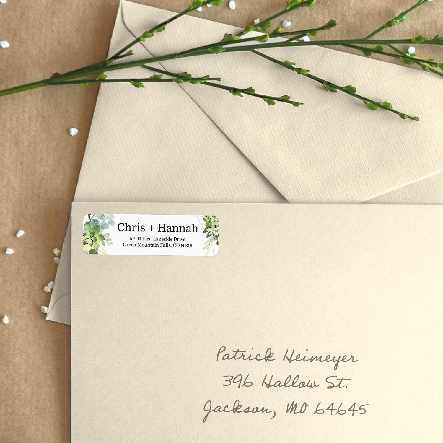 Greenery Frames Rolled Address Labels/Roll of 250 Personalized Address Labels/Designer Return Address Stickers in Elegant Plastic Dispenser - Lumora Desk
