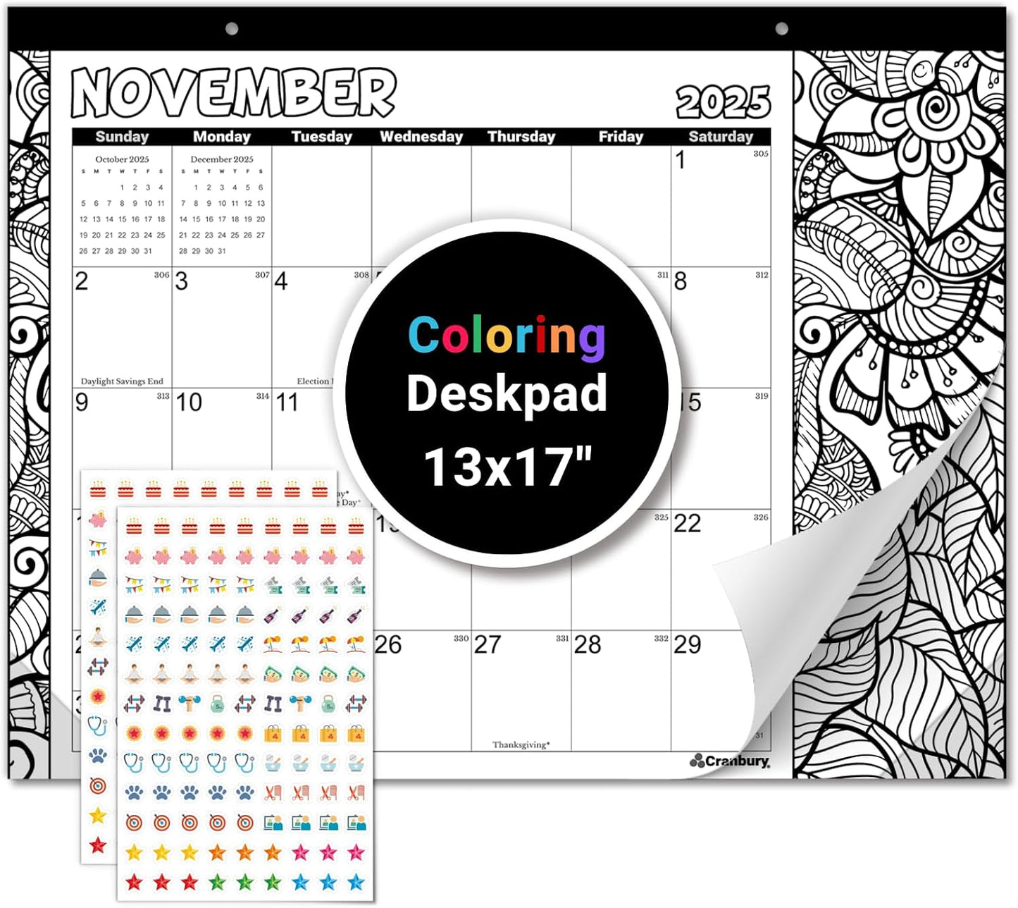 CRANBURY Coloring Desk Calendar 2026, 13.25x17" Doodle Deskpad Calendar or Large Hanging Wall Planner, Includes Planner Stickers, 14 Months, Use Nov 2025 to Dec 2026