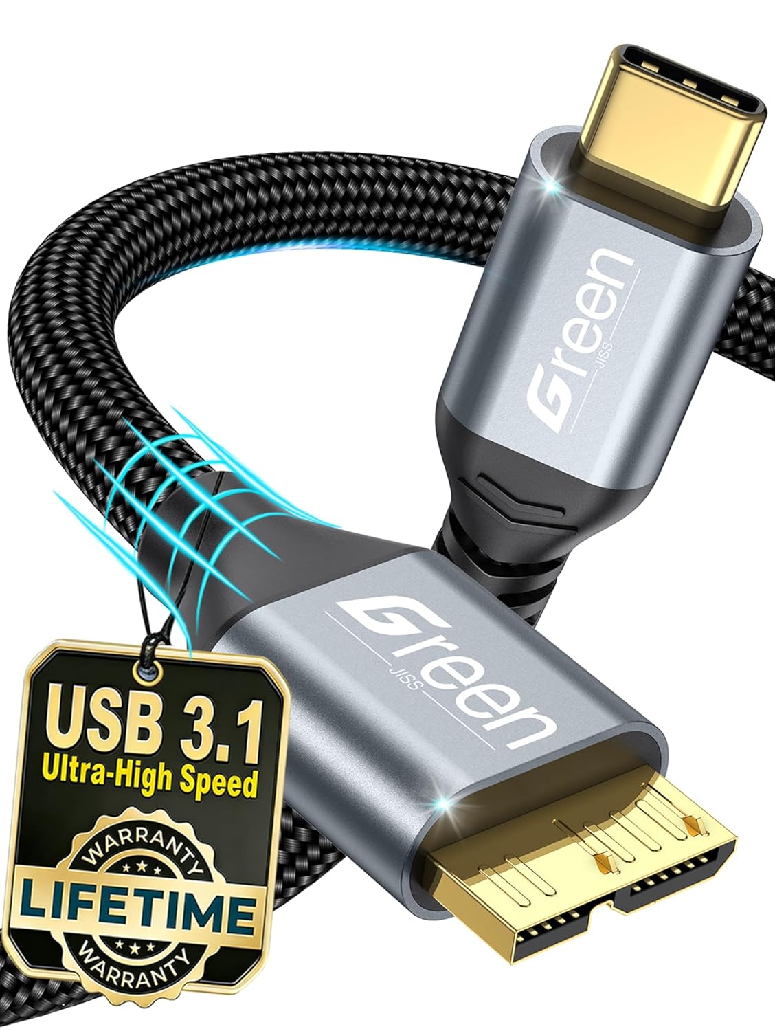 Green Jiss® 10 Gbps USB C to Micro B Hard Drive Cable, 1.5FT Gold-Plated Heavy Duty External Hard Drive Cable for iPhone 17/16/15, WD, Seagate, MacBook Pro/Air, iPad, LG, Galaxy S24 & More