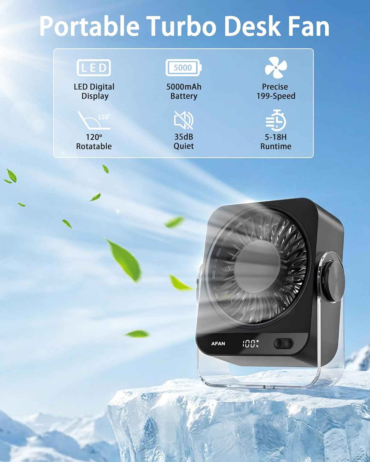 Rechargeable Small Desk Fan - Quiet 199 Speed Turbo Blade Personal Fan for Bedroom, Office, Dorm & Travel, 120° Tilt, USB & Battery Operated, Compact Portable Cooling Fan