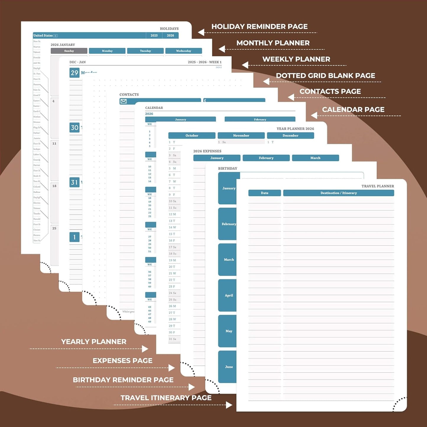Weekly Monthly 2026 Planner (Jan.26-Dec.26),11.5"x8.5",12 Months Agenda Plan with Month Tabs & Pocket,Expenses/Note Pages, Appointment Book Calendar with Hardcover Vegan Leather Cover,Brown
