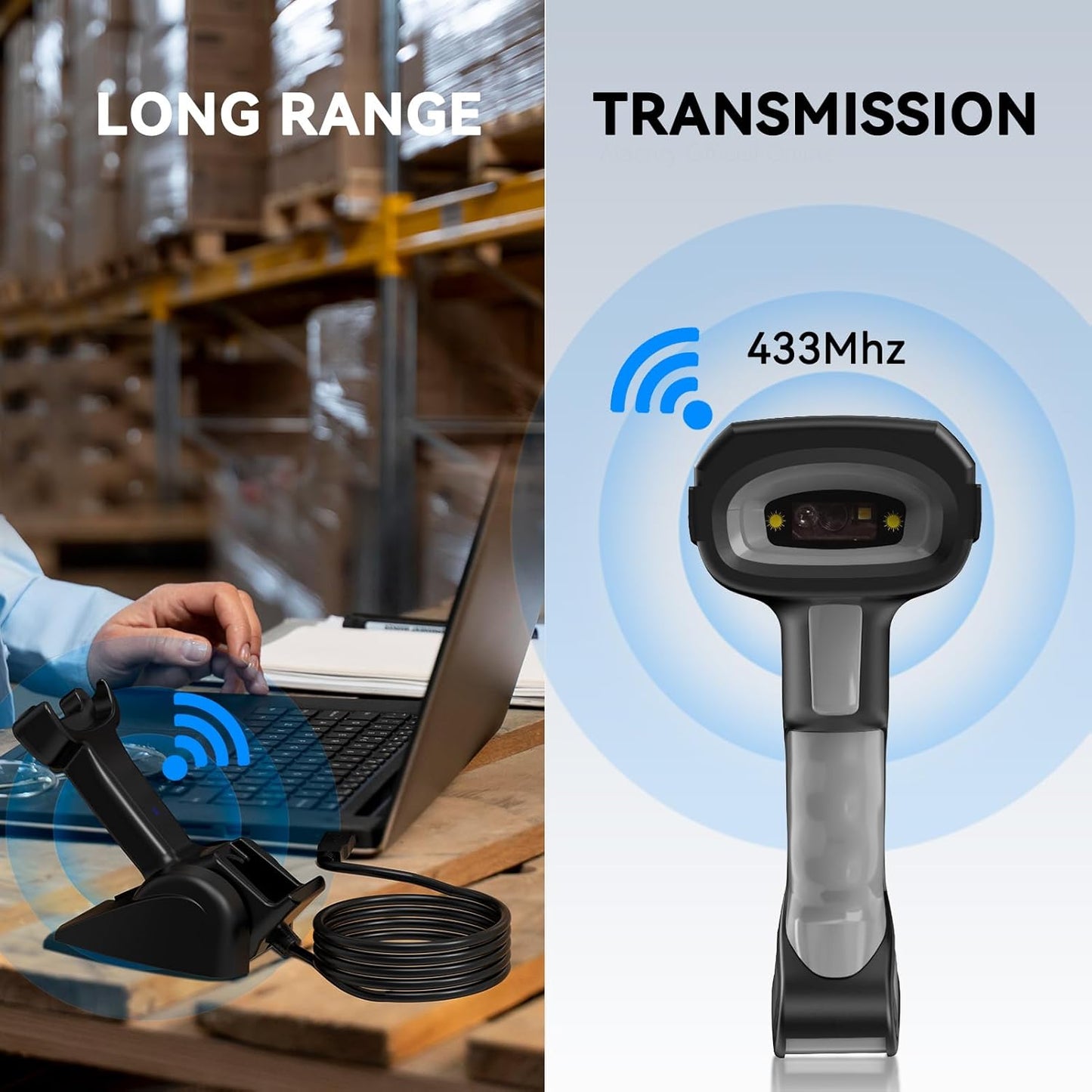 Alacrity Wireless Charging Barcode Scanner, 1D/2D Symbologies, Global Shutter Scan Sensor, Long-Distance 433MHz Wireless & Bluetooth Connectivity, Industrial Shock and Dust-Proof Barcode Reader, Red