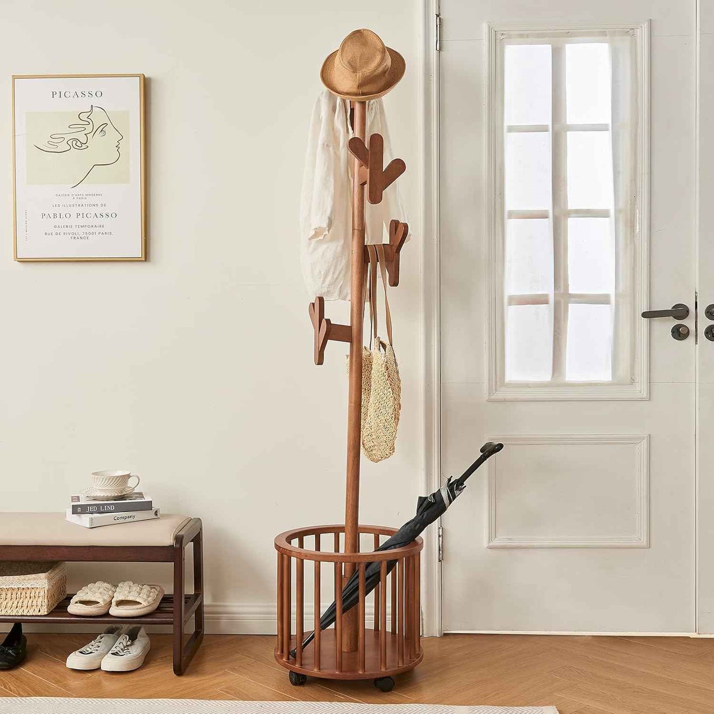 Uniclinens Solid Wood Coat Rack Freestanding with Umbrella Holder, Tree Coat Rack Stand with Lockable Universal Casters & 12 Hooks for Entryway Bedroom, Walnut