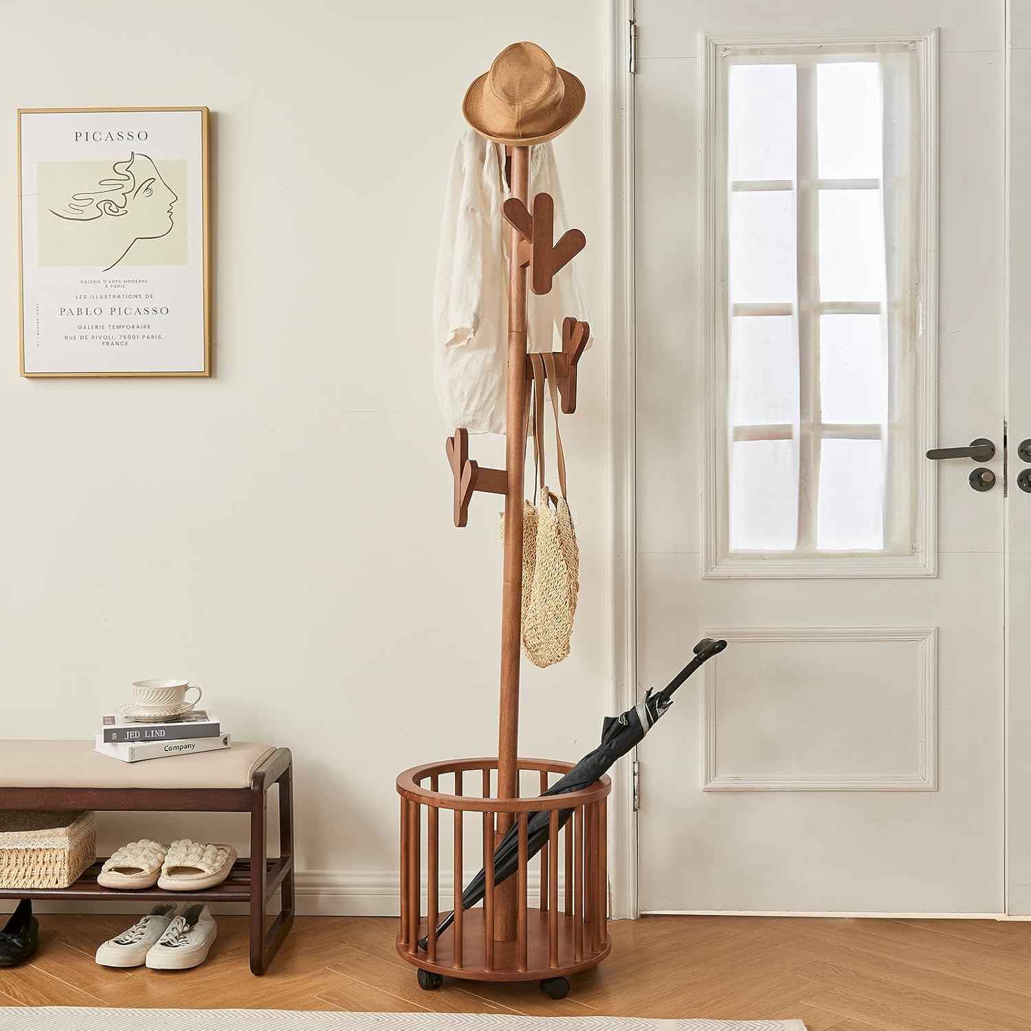 Uniclinens Solid Wood Coat Rack Freestanding with Umbrella Holder, Tree Coat Rack Stand with Lockable Universal Casters & 12 Hooks for Entryway Bedroom, Walnut