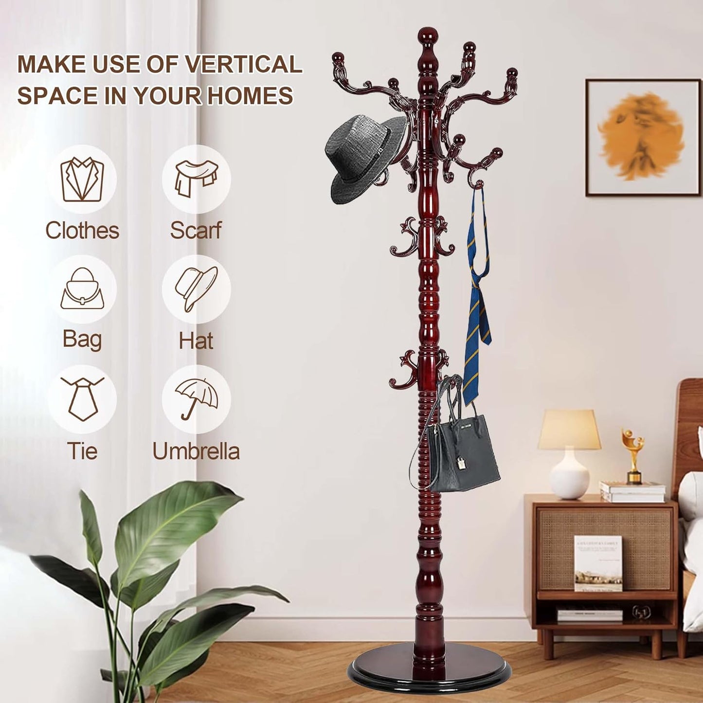 Wooden Coat Rack Freestanding with 18 Hooks, Adjustable Height Coat Tree Free Standing Heavy Duty for Entryway, Easy Assembly Solid Wood Sturdy Coat Hats Hanger Stand for Office Hallway Bedroom