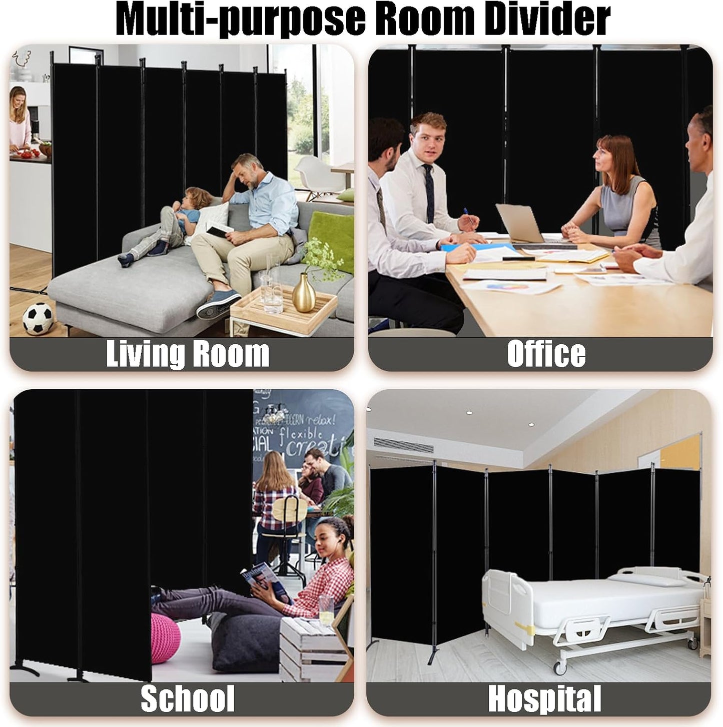 Room Divider-Folding Privacy Screens, 6 ft Partition Room Dividers Wall for Separation, Home, Office, Classroom, Studio (Black, 6 Panel)