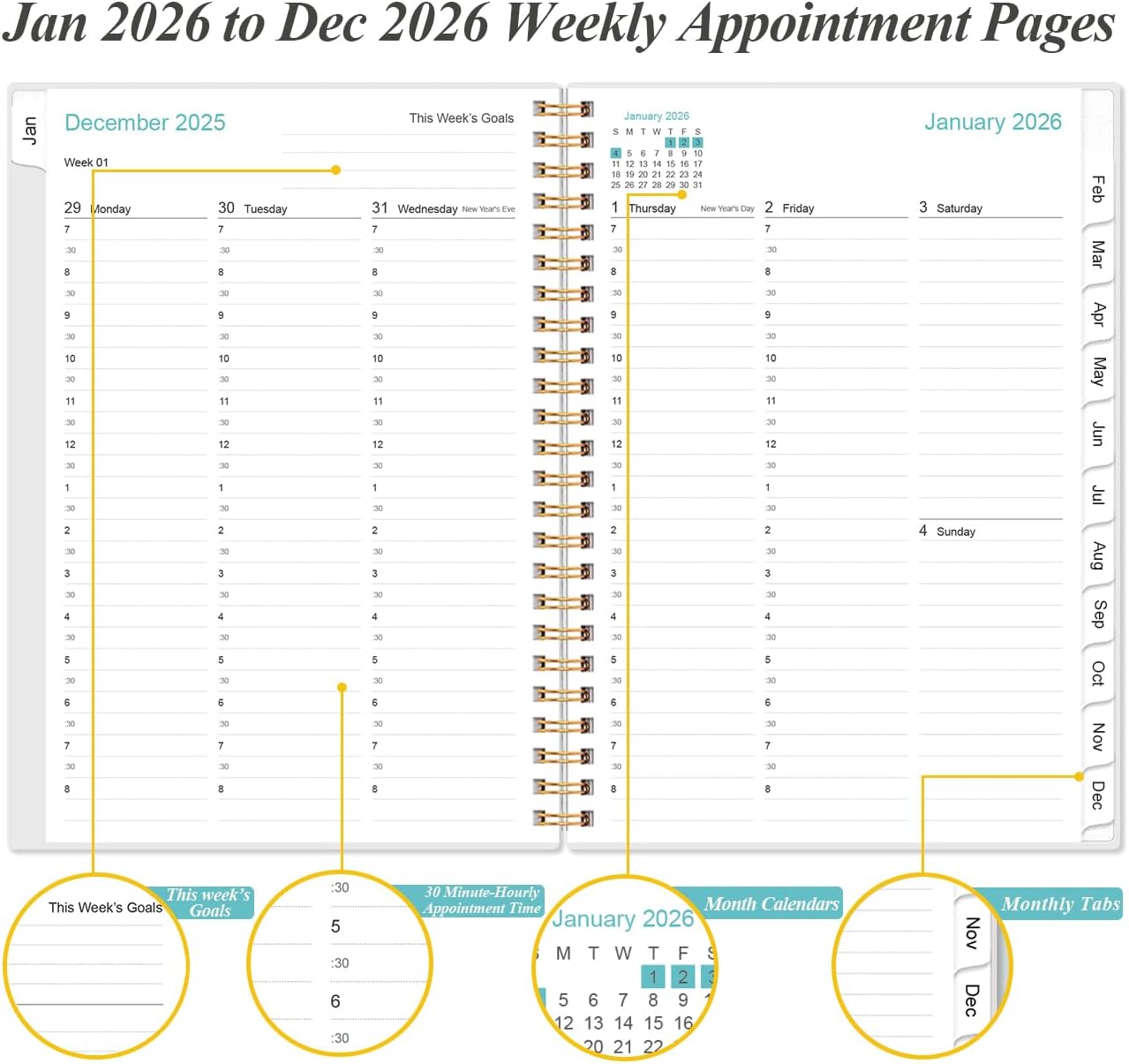 2026 Appointment Book & Planner - 2026 Daily Hourly Planner from January 2026 - December 2026, Weekly Appointment Book with 30-Minute Interval, Medium 6.4" x 8.5", Christmas tree