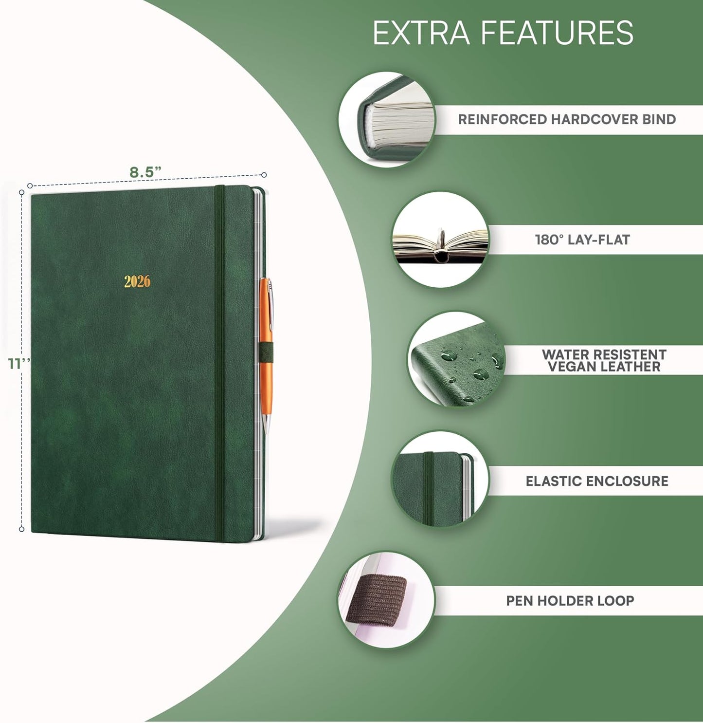 Ensight 2026 Hardcover Appointment Book & Planner 8.5" x 11" inches Large Tabbed Daily Hourly Weekly Planner Schedule Book 15 Minute time Slots Business & Personal Planner Jan 2026 Dec 2026 Dark Green